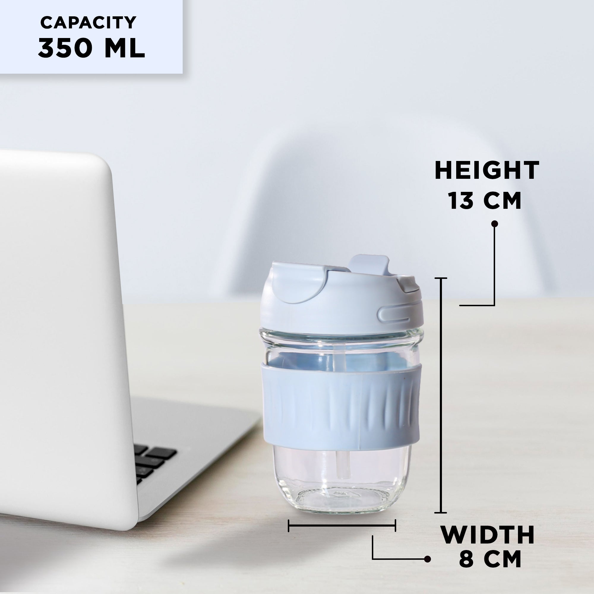 Allo Reusable Glass Mug Sipper Tumbler with Straw, Unique 2 in 1 Anti Spill Lid | Microwave Safe Leakproof Glass with Anti-Slip Grip for Hot & Cold Coffee|| Car, Office, Travel use | 350ml (Blue)