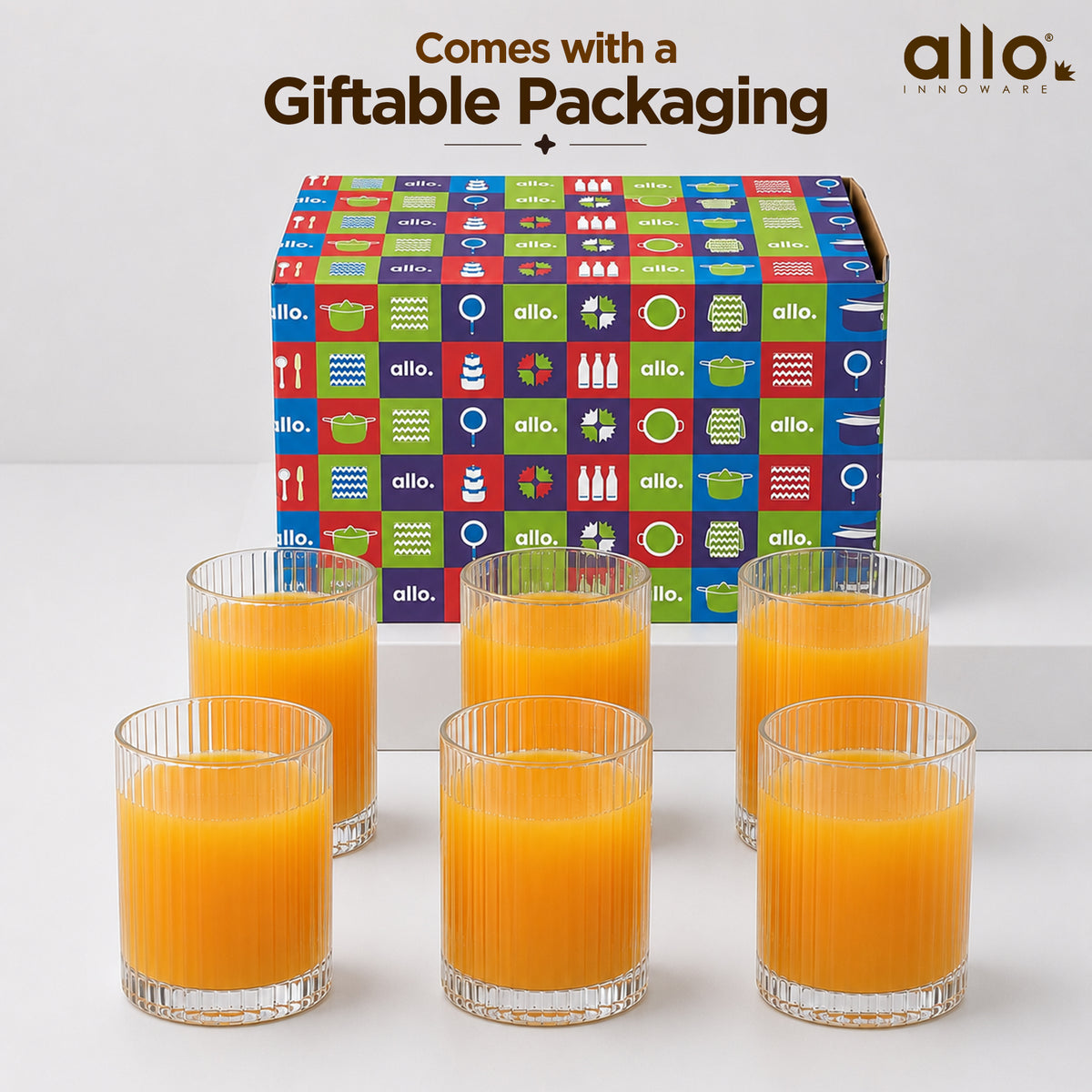 Allo Premium Glass Set Of 6, 300 ml, Latest Design Glasses For Water, Juice, Whisky, Cold Drink | Lead Free | Perfect For Home & Parties, Gift Set Packaging | Transparent Classic Fluted Glass