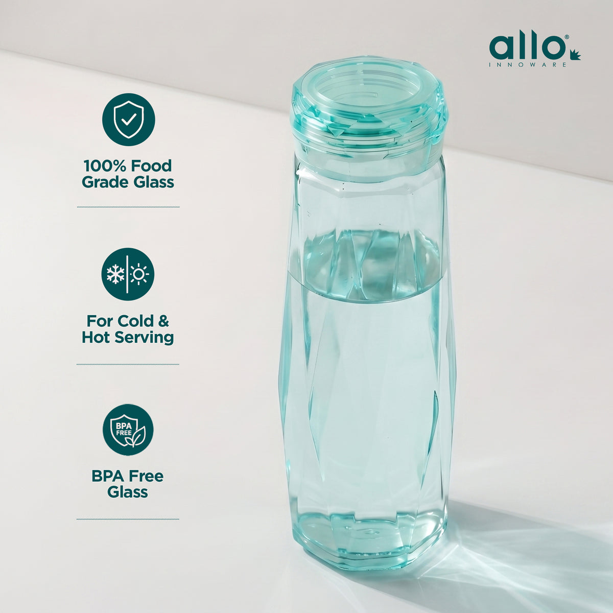 Allo Glass Water Bottle For Women & Men, 450 ml, Aesthetic H2O Bottles For Drinking Detox Water, Juice, Milk, Soda | 0.4 Ltr Bottle For Fridge, Storage, Home | Gift Set Packaging | Geometric Green