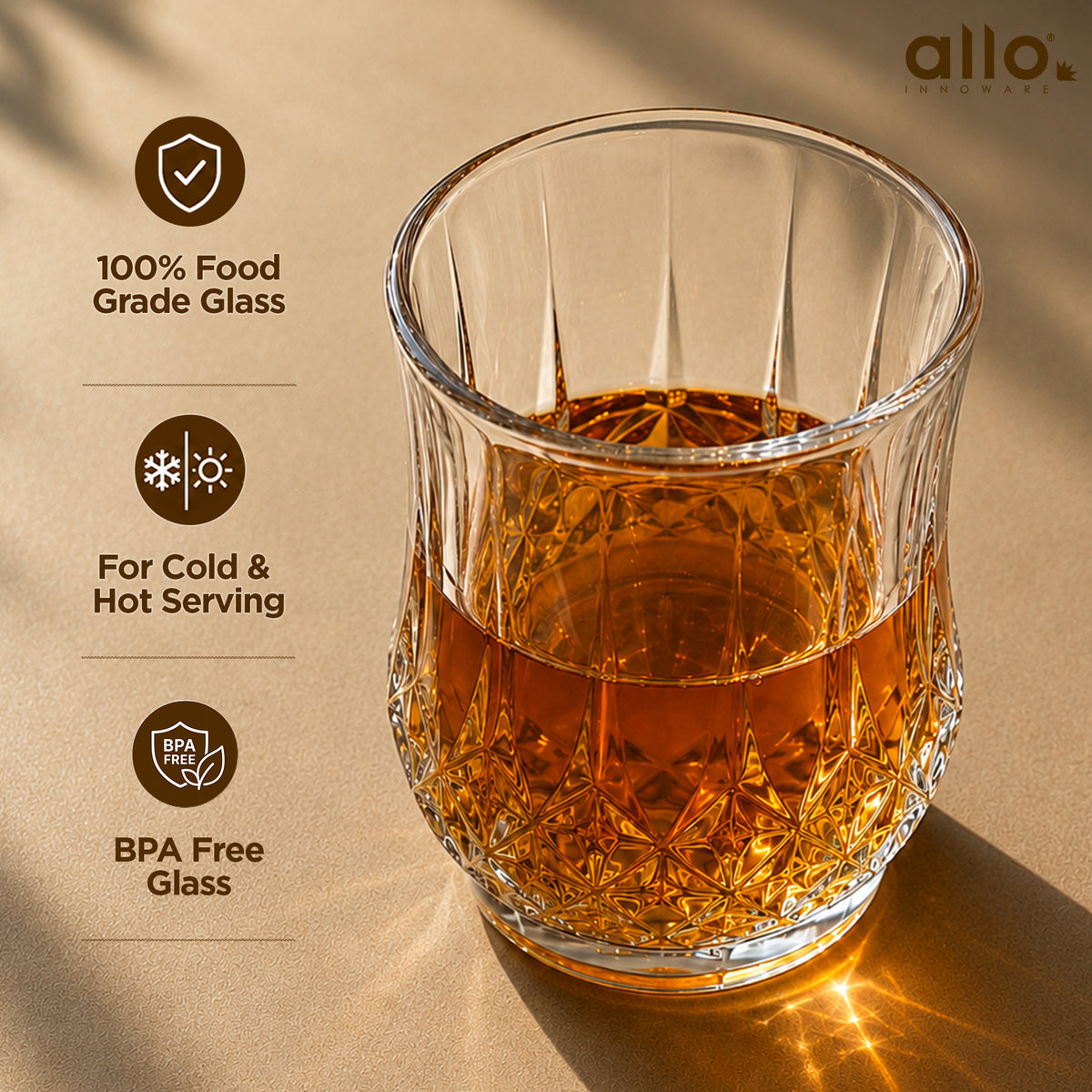 Allo Glass Set Of 6 Premium Whisky Glasses, 270 ml, For Drinking Water, Wine, Cocktail, Mocktail, Martini, Liquor, Alcohol, Scotch, Bourbon | Gift Set Packaging | Transparent Quilted Diamond Cut Glass