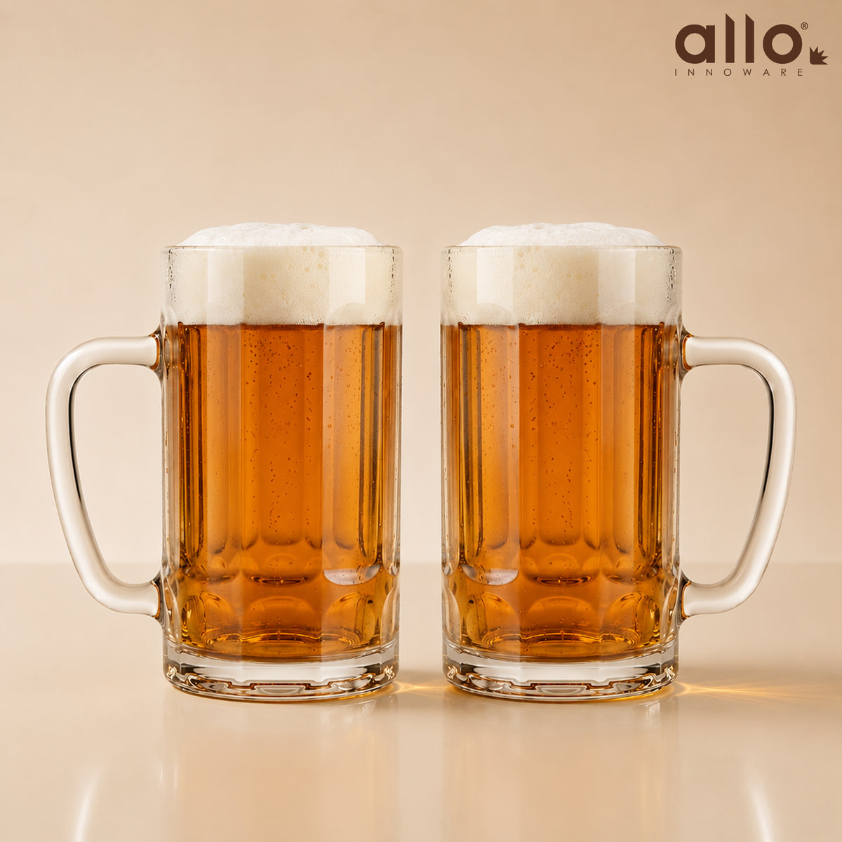 Allo Beer Mug And Drinking Glass Mugs, Set Of 2, 380 ml Each, Serves Beer, Juice, Mocktail, Alcohol, Cocktail, Drinking Glass With Handle, Fluted Glass | Gift Set Packaging | Transparent Tall Facet