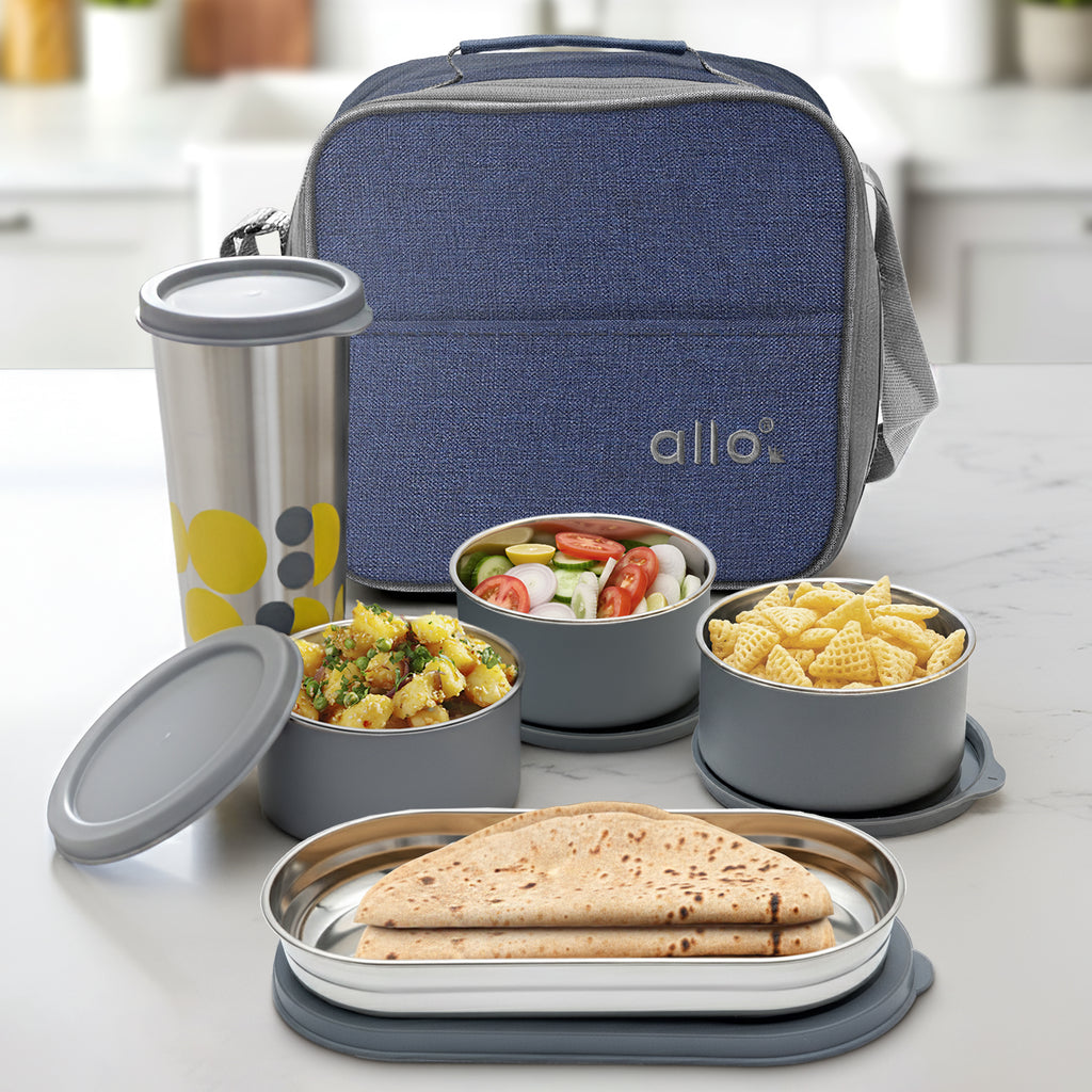 Allo Microwave Safe Steel Lunch Box for Office with Bag for Men and Women, Air Tight & Leak Proof Stainless Steel Tiffin for Office, School, College, Set of 5 with Bag