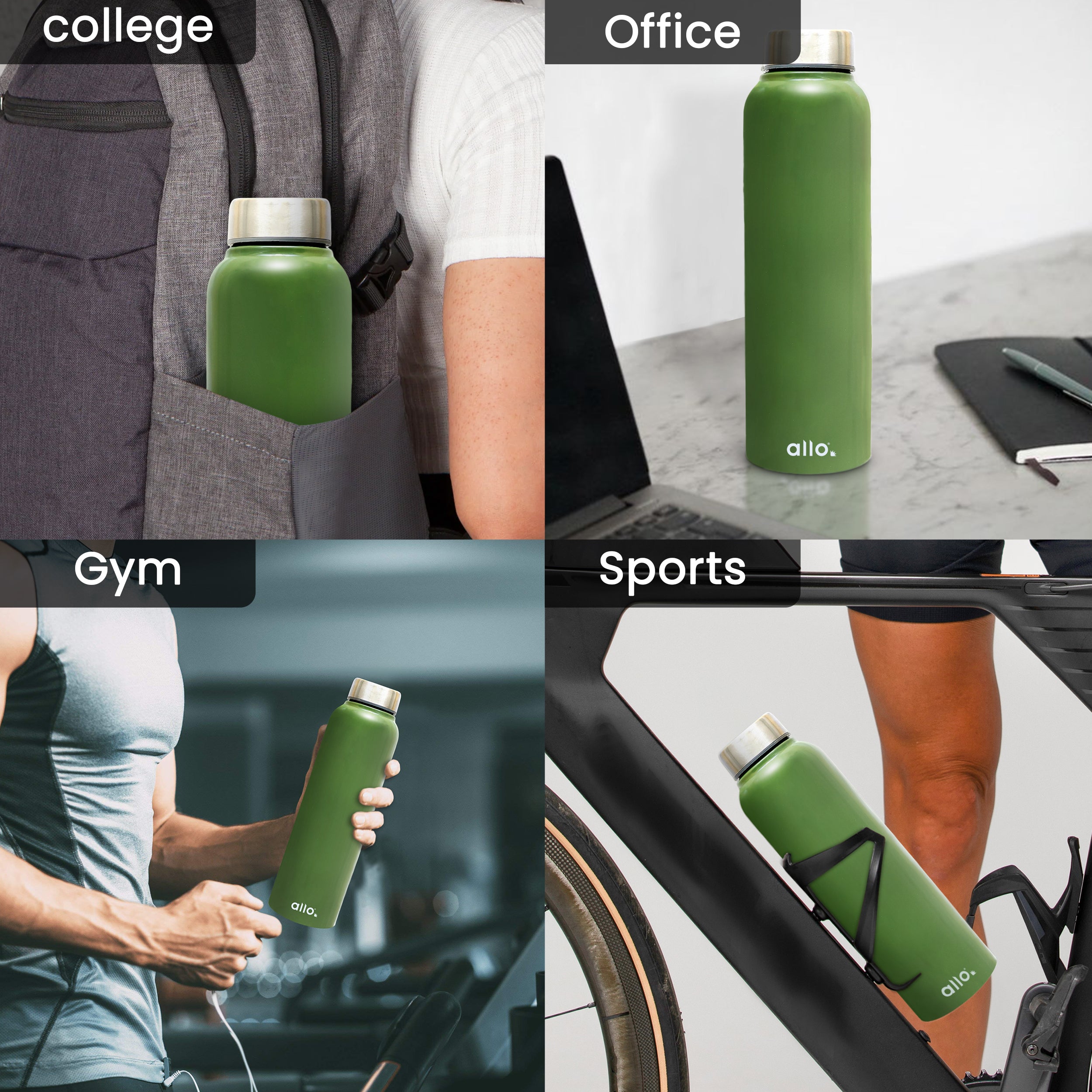 Allo Steel Water Bottles Stainless Steel Sipper Water Bottle for adults, kids 0.95 Litre Water Bottles for School, Office, Sports, Gym 950ML Water Bottle for Men and women, Olive green 950ml