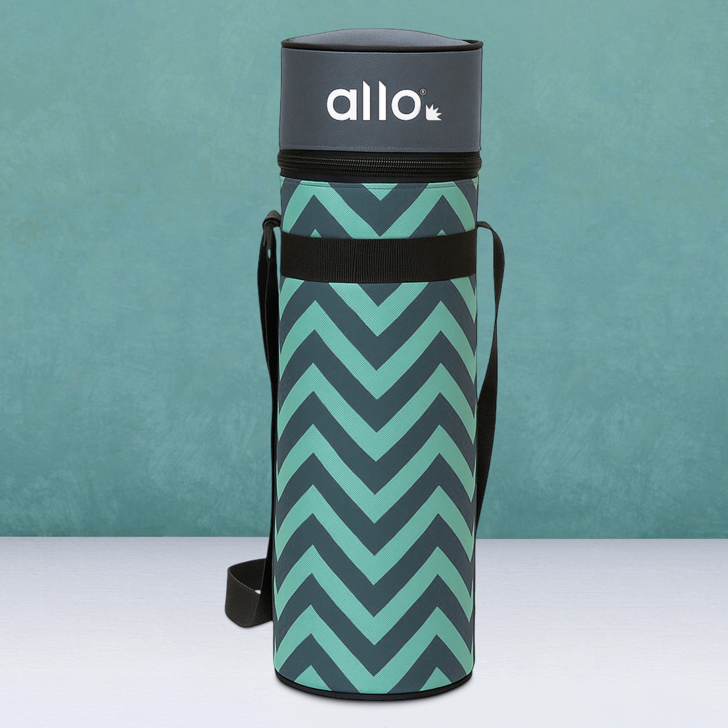 Allo Polyester Thermal Insulated 1L Bottle Cover – Water-Proof Modern Carrier Sleeve with Adjustable Shoulder Handle & Zipper Closure for Travel, Hiking, Office & School, Chevron Mint
