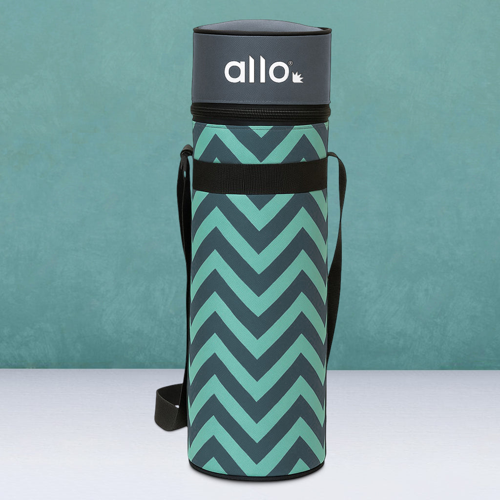 Allo Polyester Thermal Insulated 1L Bottle Cover – Water-Proof Modern Carrier Sleeve with Adjustable Shoulder Handle & Zipper Closure for Travel, Hiking, Office & School, Chevron Mint