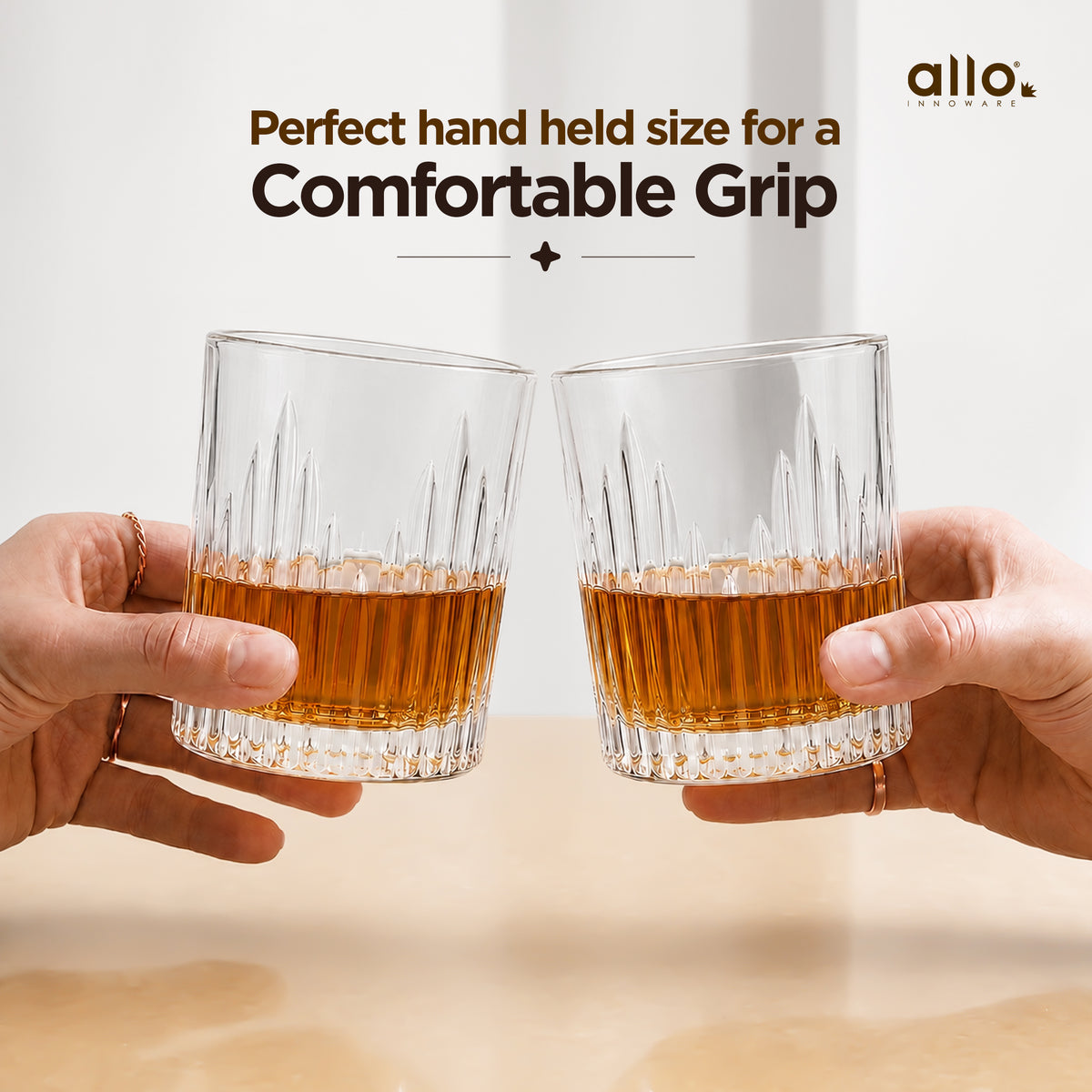 Allo Glass Set Of 6 Premium Whisky Glasses, 310 ml, For Drinking Water, Wine, Cocktail, Mocktail, Martini, Liquor, Alcohol, Scotch, Bourbon | Gift Set Packaging | Transparent Fluted Cut Whiskey Glass