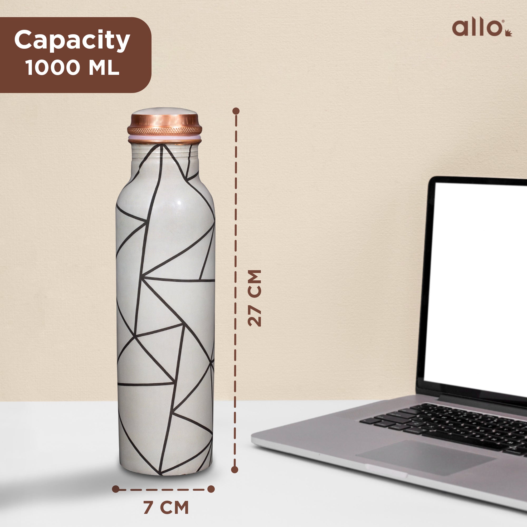 Allo Pure Copper Water Bottle 1 Litre Copper Bottle | Alkaline and Anti Oxidant | 100% Leak Proof, Office, Gym Bottle, Modern Tamba Bottle for Adults, Best Gift for Diwali (Grey Abstract Line)