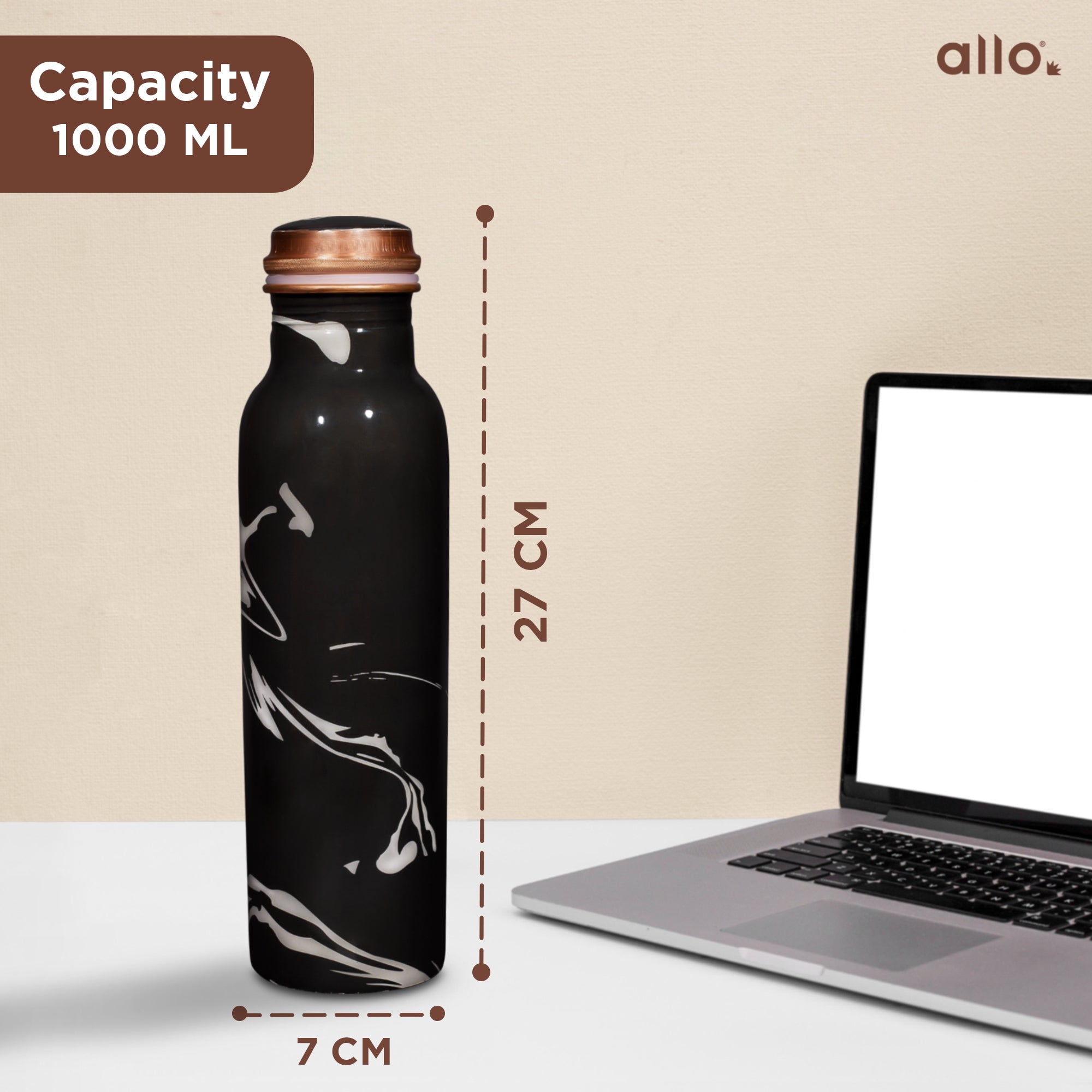 Allo Pure Copper Water Bottle 1 Litre Copper Bottle | Alkaline and Anti Oxidant | 100% Leak Proof, Office, Gym Bottle, Modern Tamba Bottle for Adults, Best Gift for Diwali (Black)