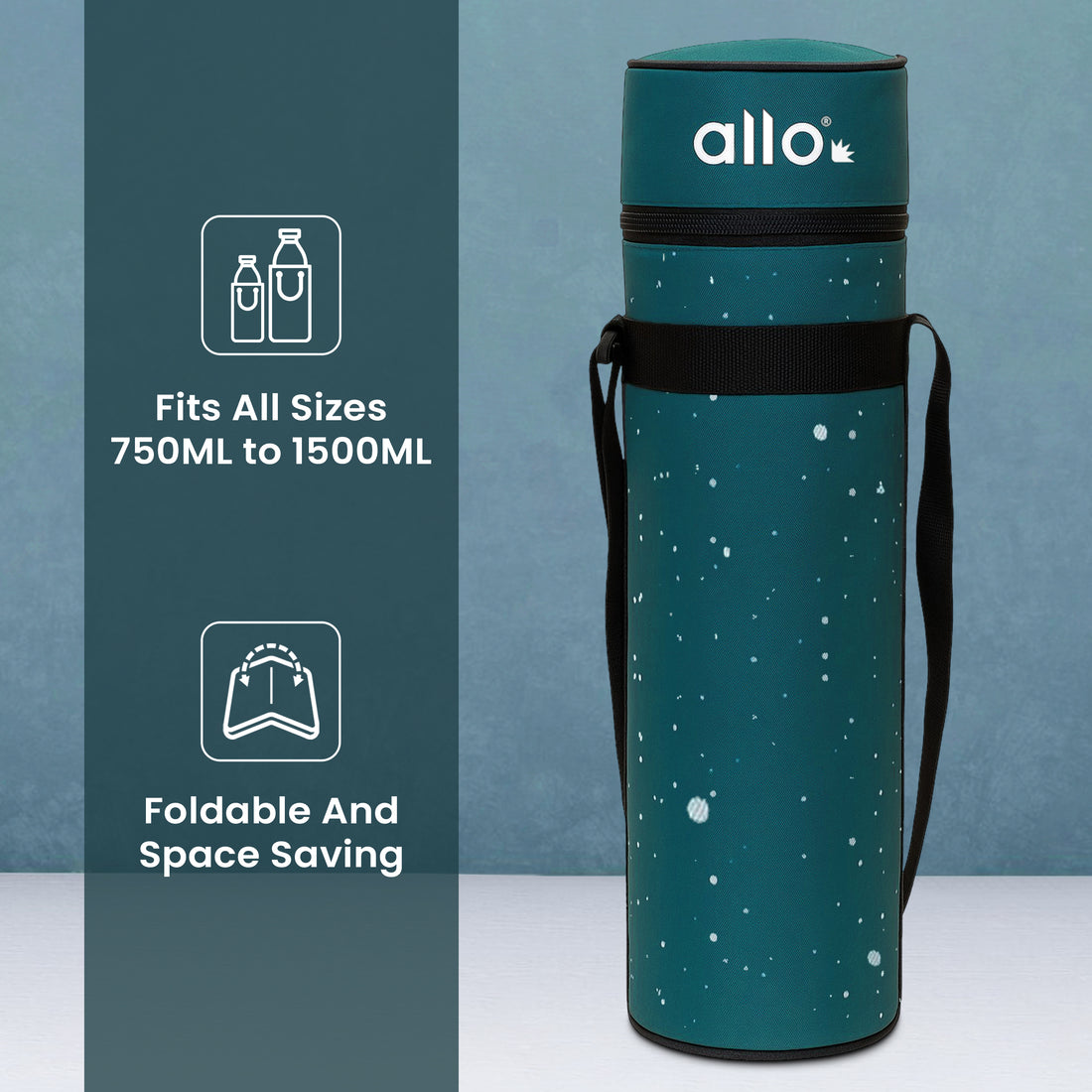 Allo Polyester Thermal Insulated 1L Bottle Cover – Water-Proof Modern Carrier Sleeve with Adjustable Shoulder Handle & Zipper Closure for Travel, Hiking, Office & School, Splash Green