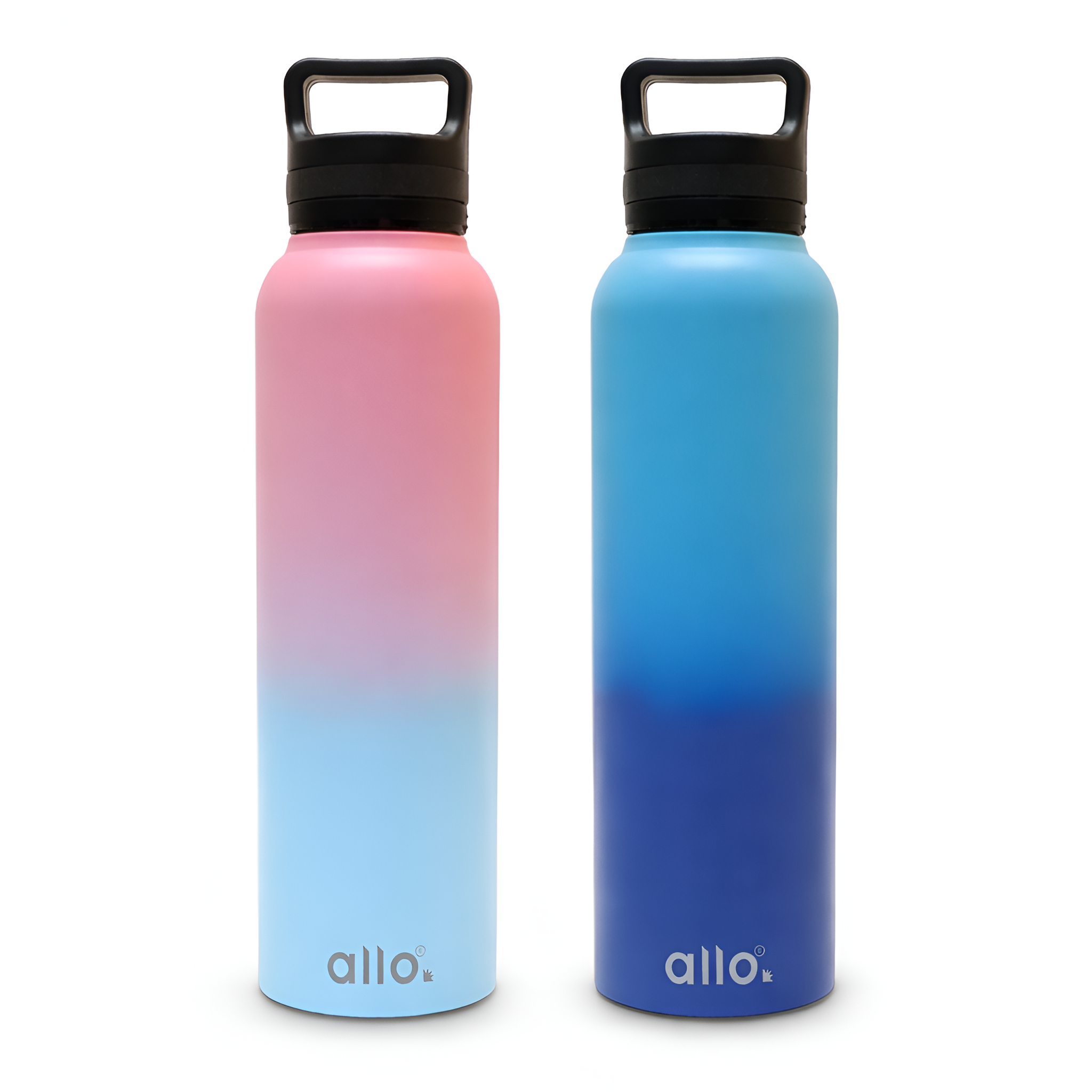 Allo Stainless Steel Water Bottle For Adults, Kids 1 Litre Water Bottles For School,Office,Sports,Gym 1L Water Bottle For Men & Women, Pack Of 2, Leak Proof, Bpa Free, Pink Baby Blue & Blue Handle Cap