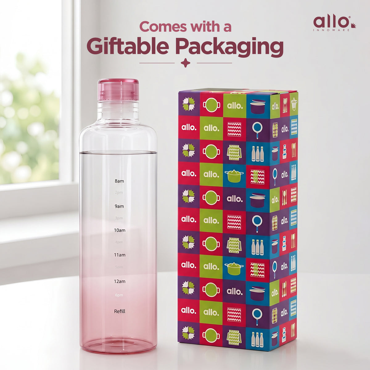 Allo Glass Water Bottle For Women & Men, 600 ml, Aesthetic H2O Bottles For Drinking Detox Water, Juice, Milk, Soda | 0.4 Ltr Bottle For Fridge, Storage, Home | Gift Set Packaging | Time Marked Pink