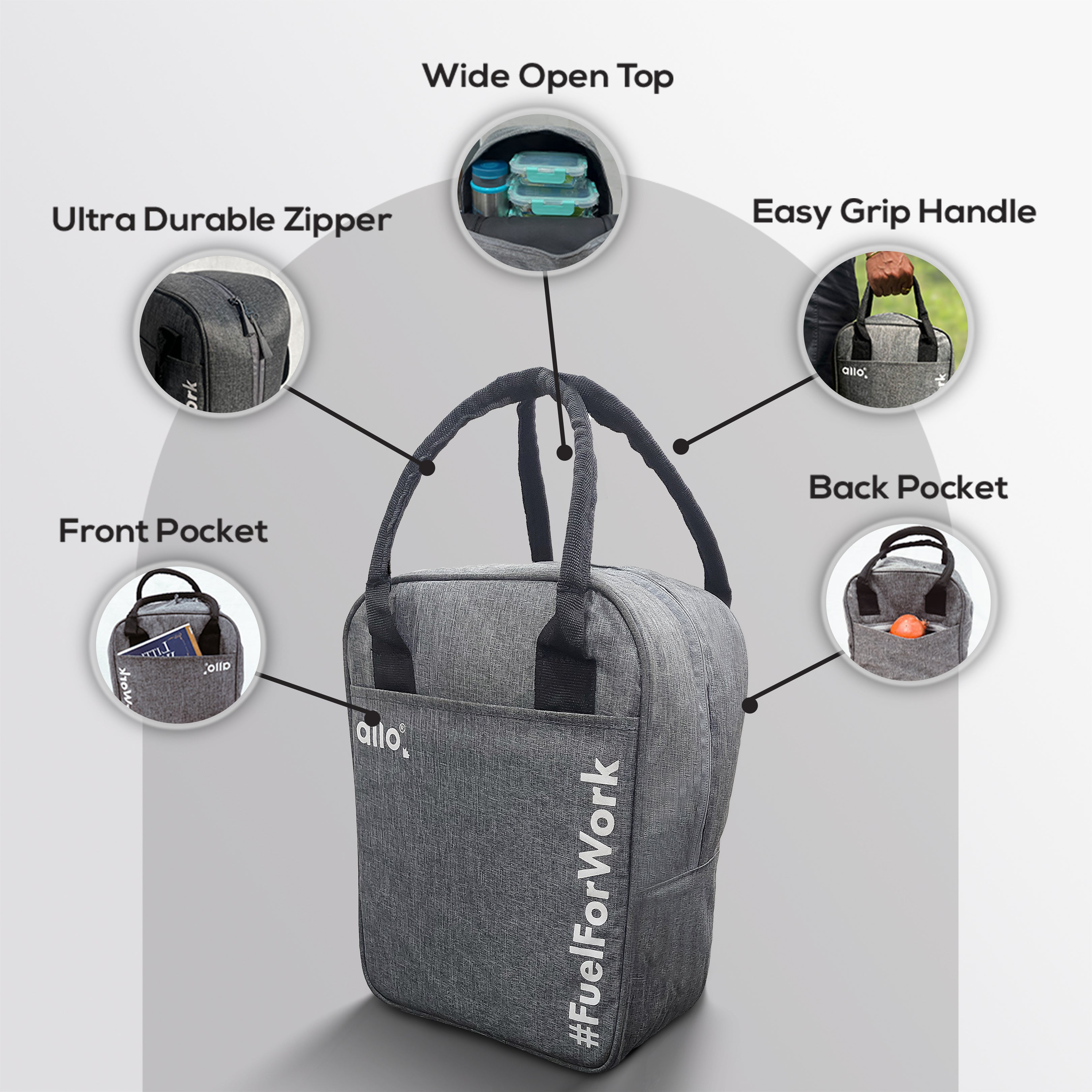 Allo Lunch Bag for Office, School & College, Washable Unisex Tiffin Bag for Men, Women & Kids, Lightweight, Leakproof, Water and Dust Resistant Multipurpose Lunch Bag, Canvas Light Grey (FFW)