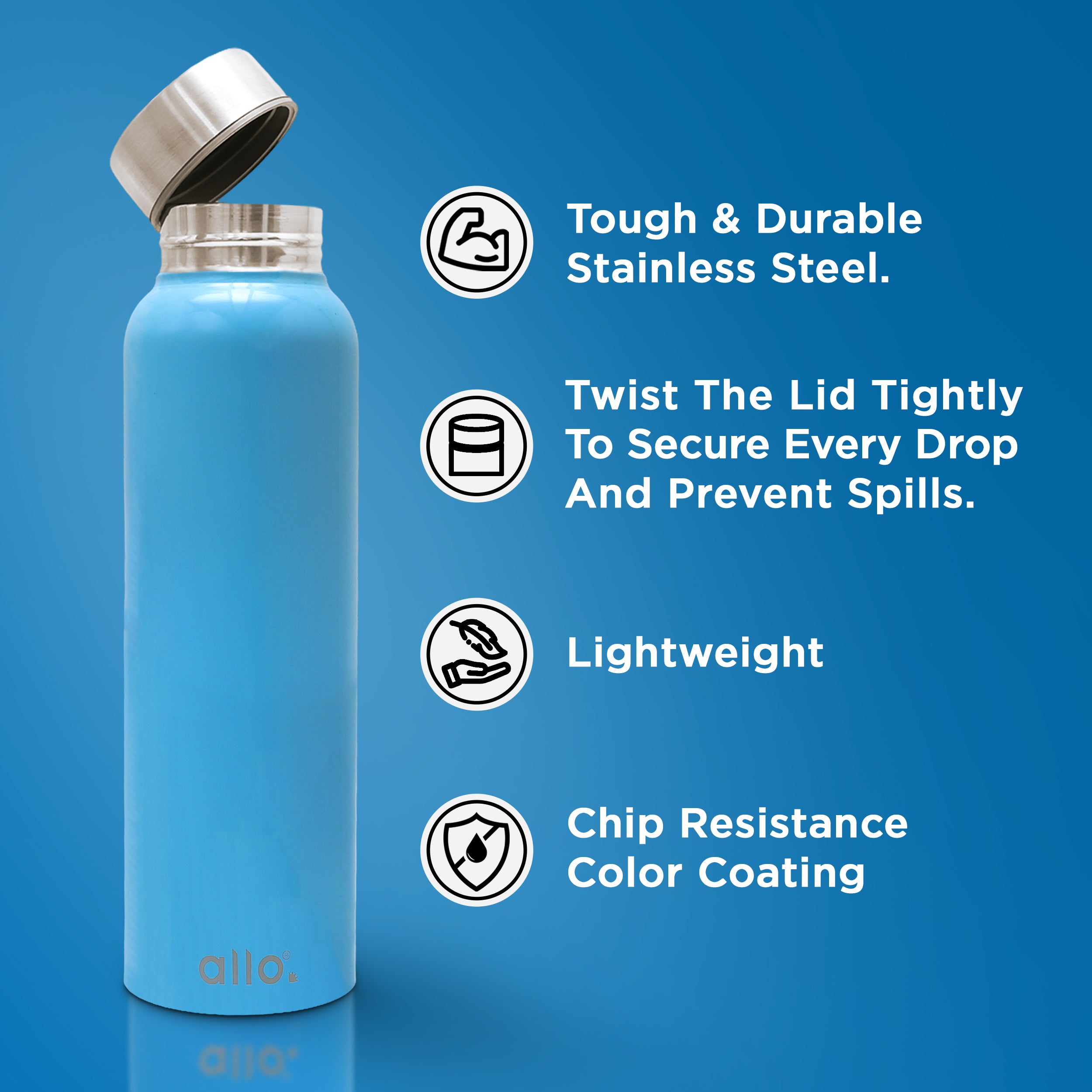Allo Stainless Steel Water Bottle For Adults, Kids 0.95 Litre Water Bottles For School, Office, Sports, Gym 950ML Water Bottle For Men And Women, Pack Of 2 | Leak Proof & Bpa Free, True Blue Steel Cap