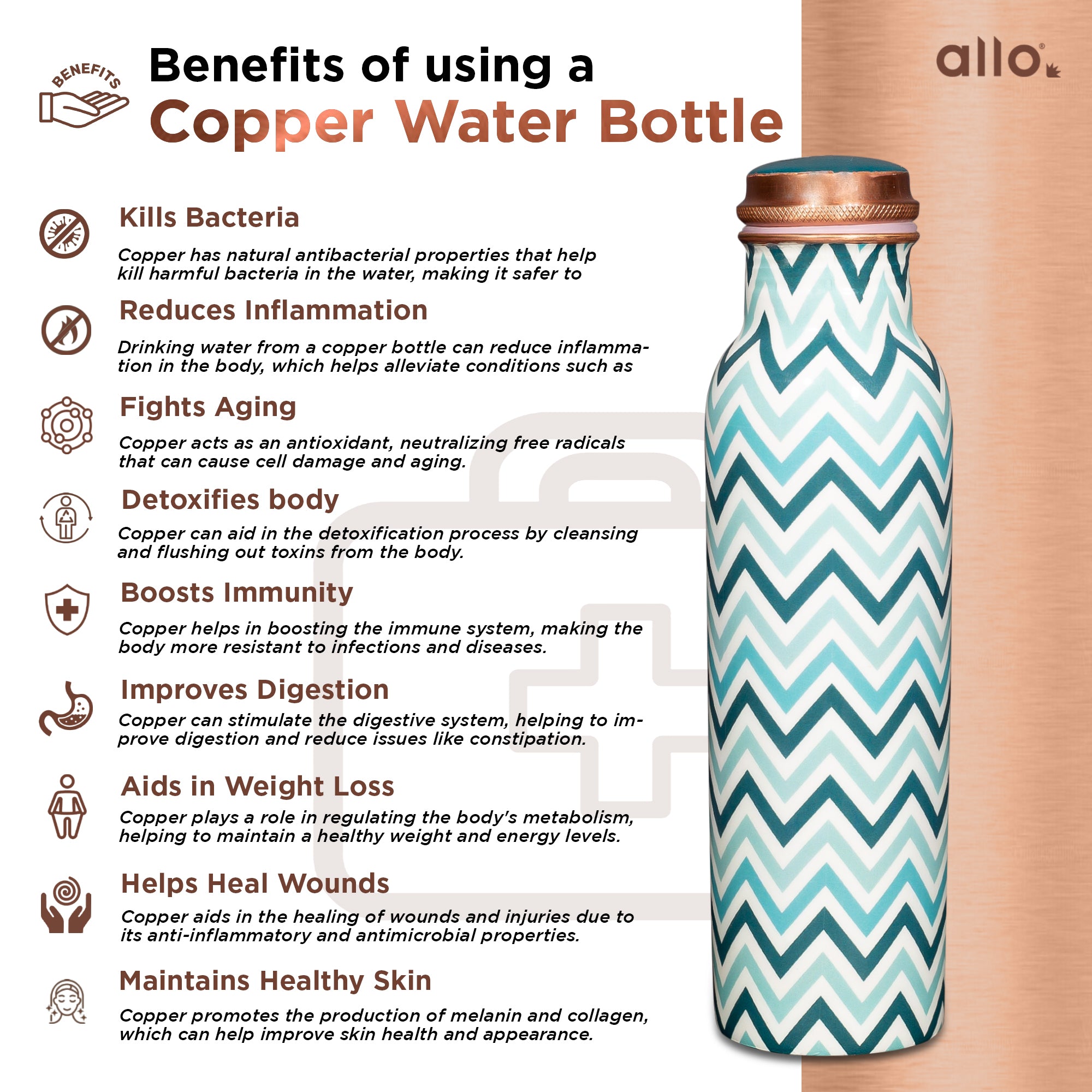 Allo Pure Copper Water Bottle 1 Litre Copper Bottle | Alkaline and Anti Oxidant | 100% Leak Proof, Office, Gym Bottle, Modern Tamba Bottle for Adults, Best Gift for Diwali (Chevron, Teal Blue)
