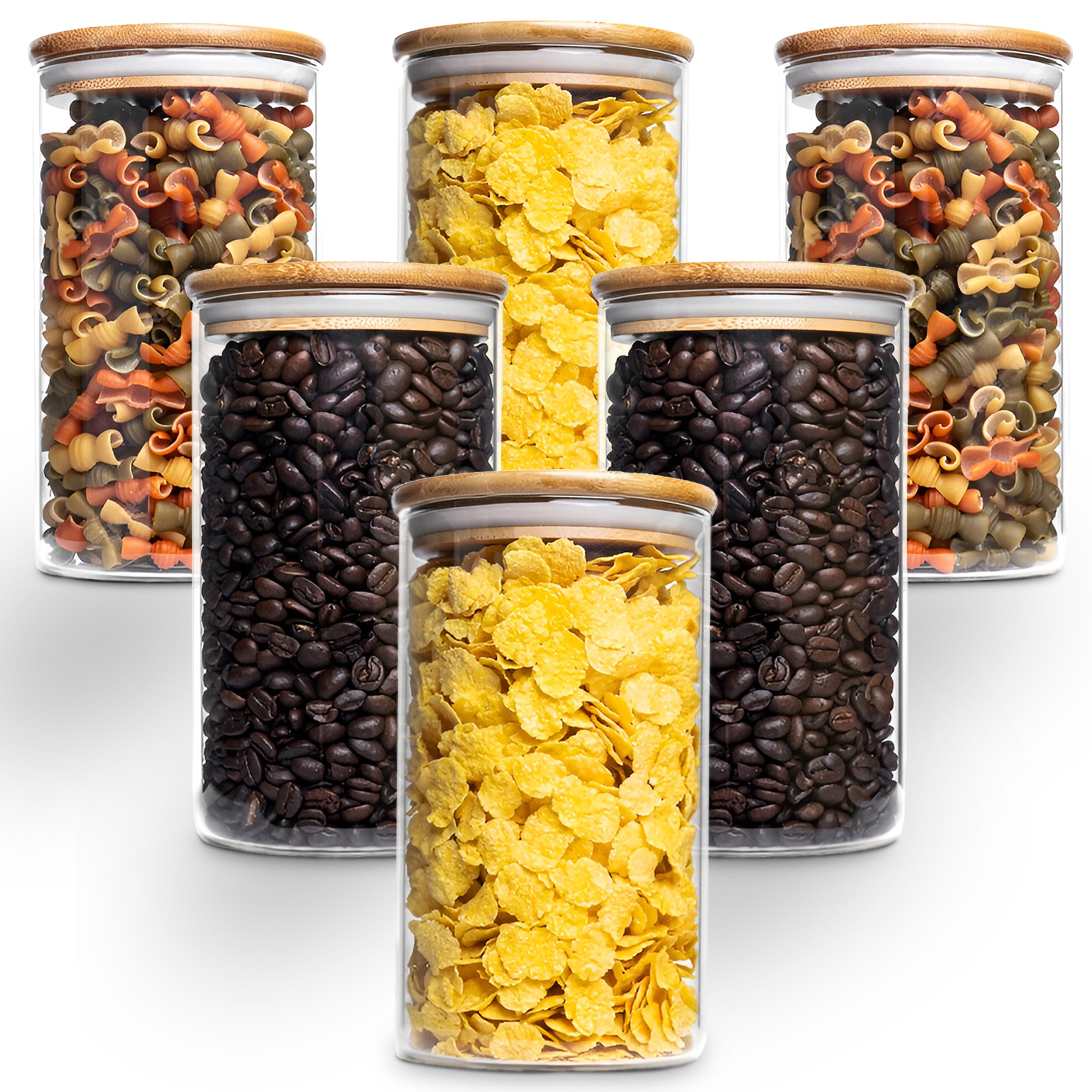 Allo 600ML Kitchen Storage Box Glass Jars With Wooden Lids - Borosilicate Glass Food Storage Containers Airtight Glass Jar for Tea, Coffee, Spice, Pulses, Masala (Round Glass Jar - Set of 6)