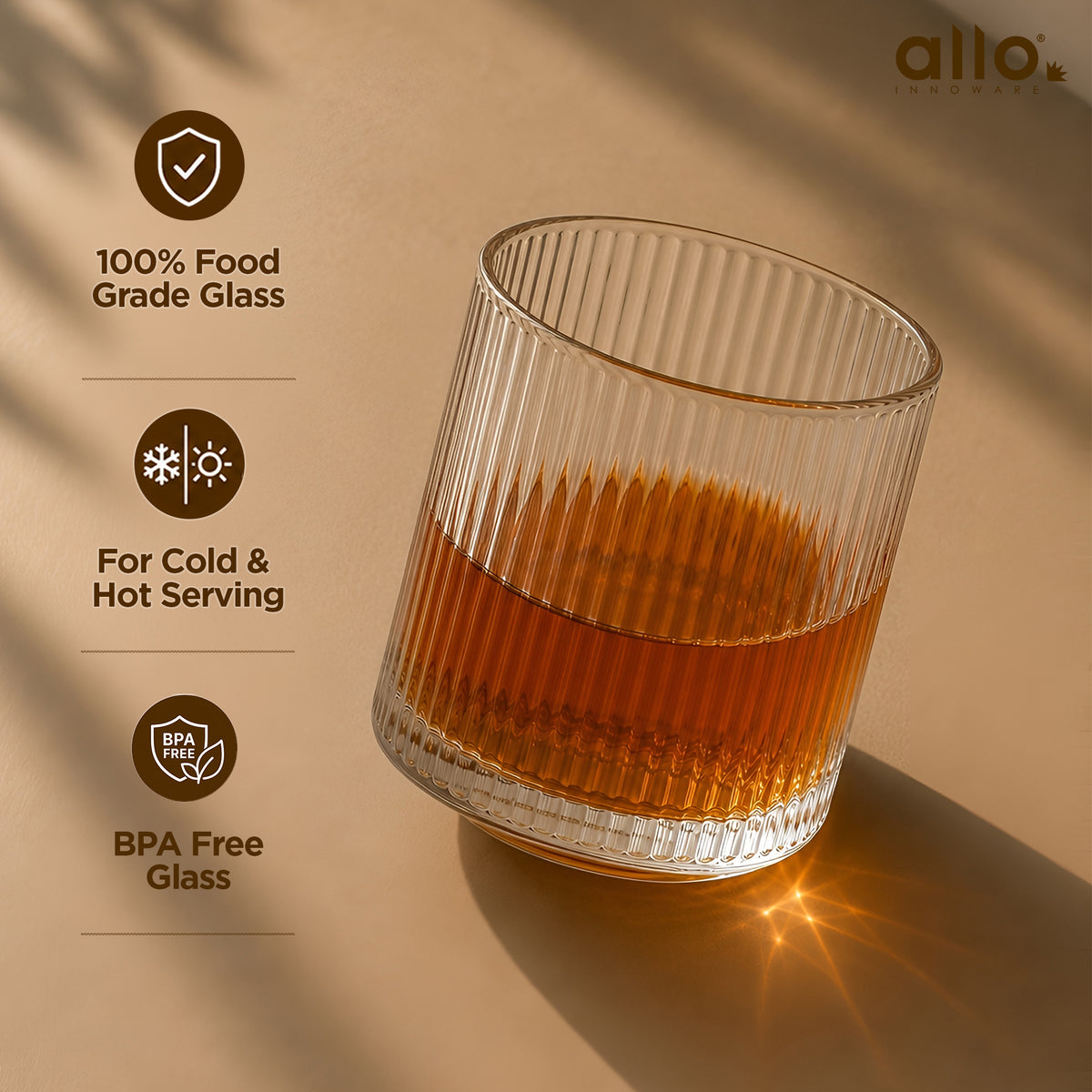 Allo Rotating Glasses For Whiskey, Set Of 6, 190 Ml Each, Premium Ribbed Glass With Revolving Base And Spinning Glass, Gift Set Packaging | Transparent Ribbed Classic
