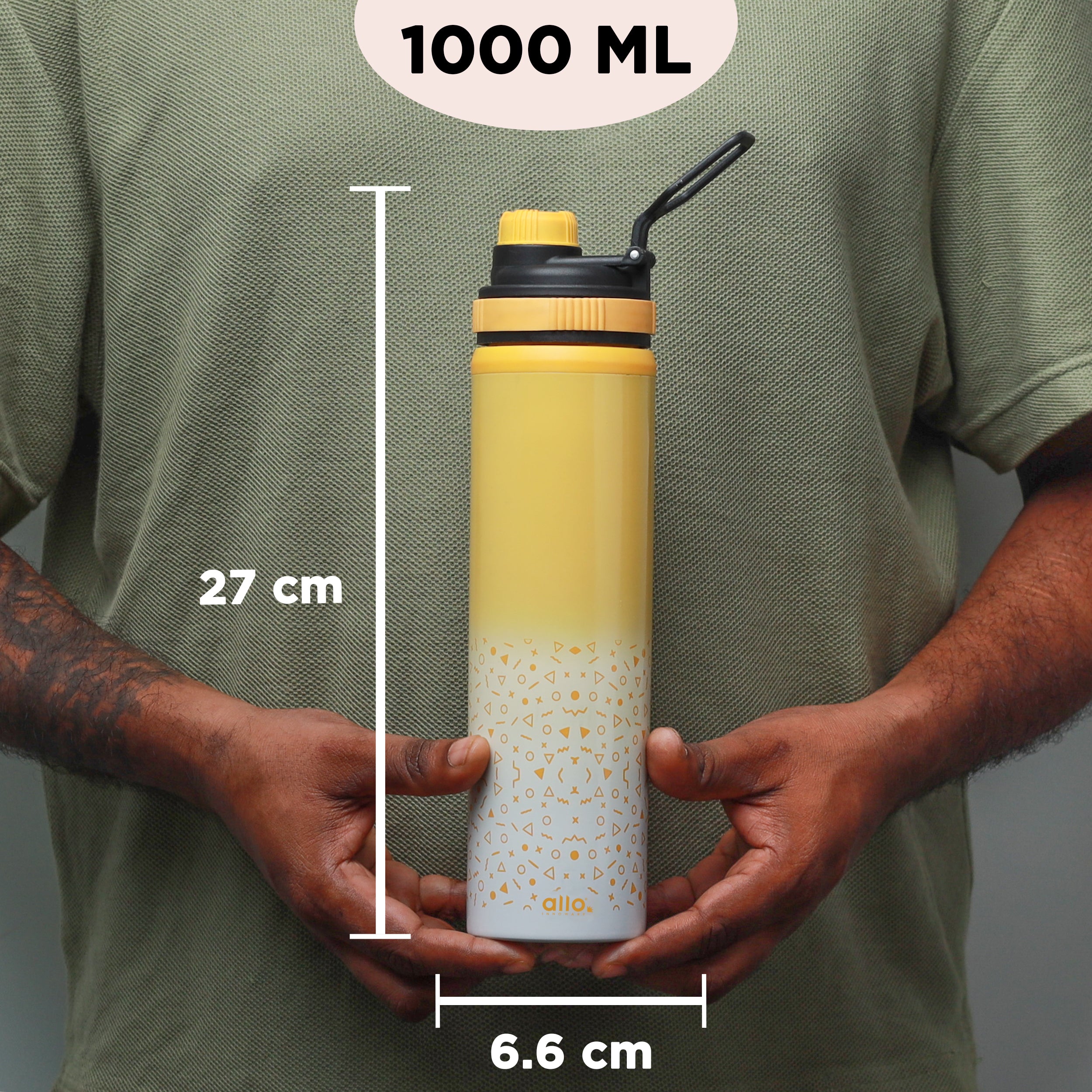 Allo Steel Water Bottles Stainless Steel Sipper Water Bottle for adults, kids 1 Litre Water Bottles for School, Office, Sports, Gym 1L Water Bottle for Men and women, Yellow White 1000ml