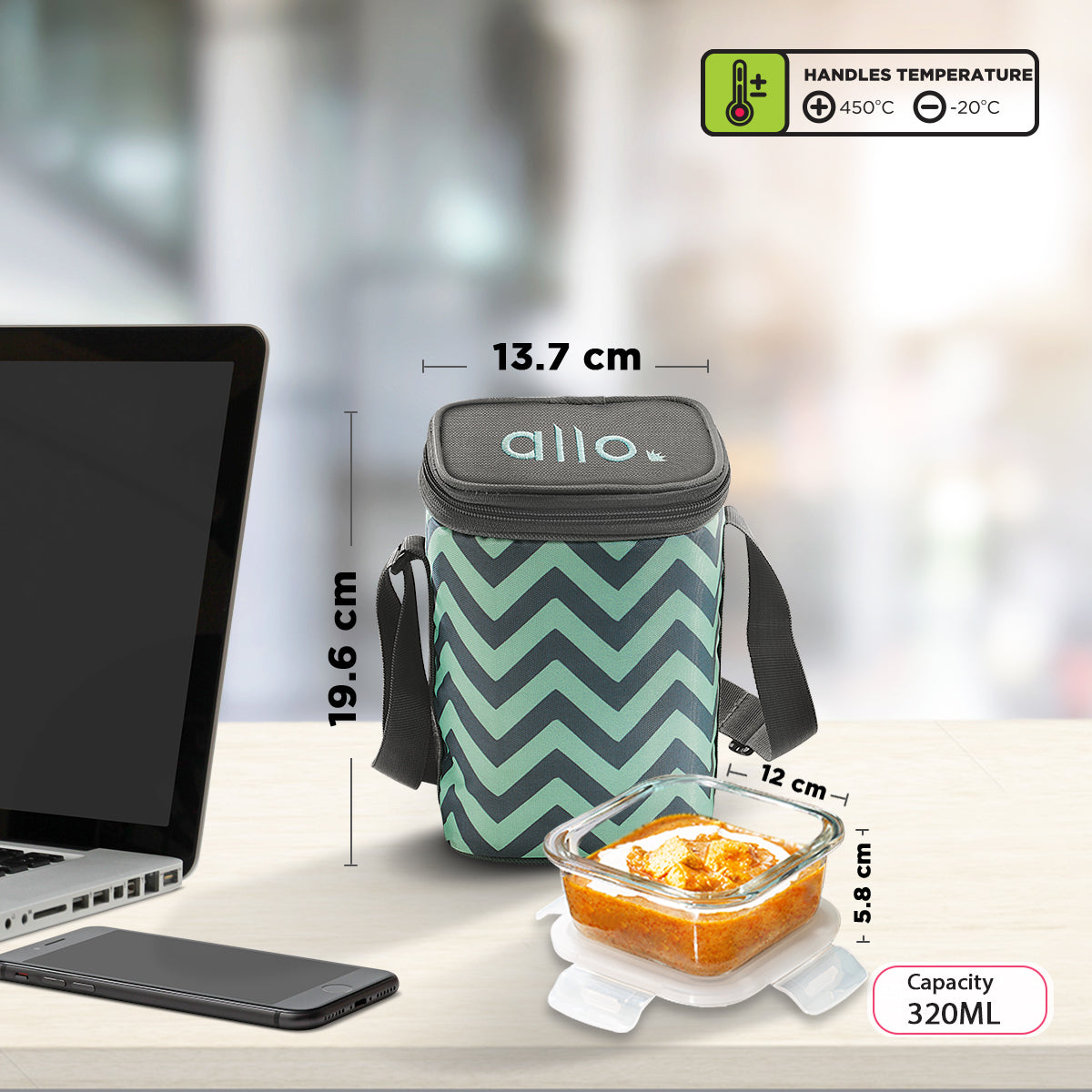 Allo Food Safe Glass Lunch Box, 450°C Microwave Safe Lunch Box, Borosilicate Glass Tiffin for office with Chevron Mint Tiffin Bag, Set of 3, 320ml x 3, square