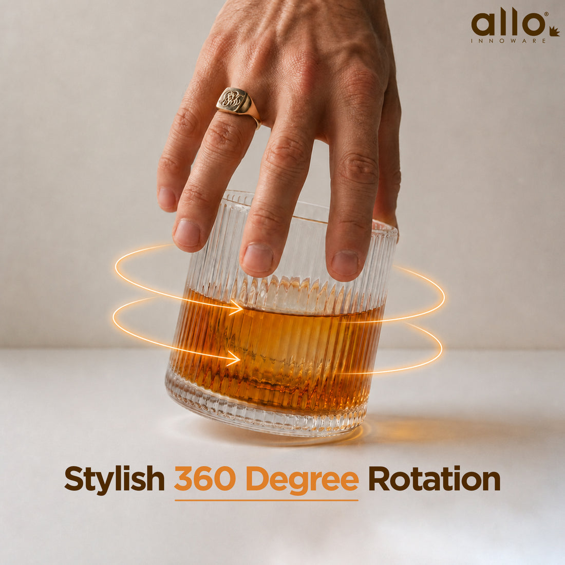 Allo Rotating Glasses For Whiskey, Set Of 6, 190 Ml Each, Premium Ribbed Glass With Revolving Base And Spinning Glass, Gift Set Packaging | Transparent Ribbed Classic
