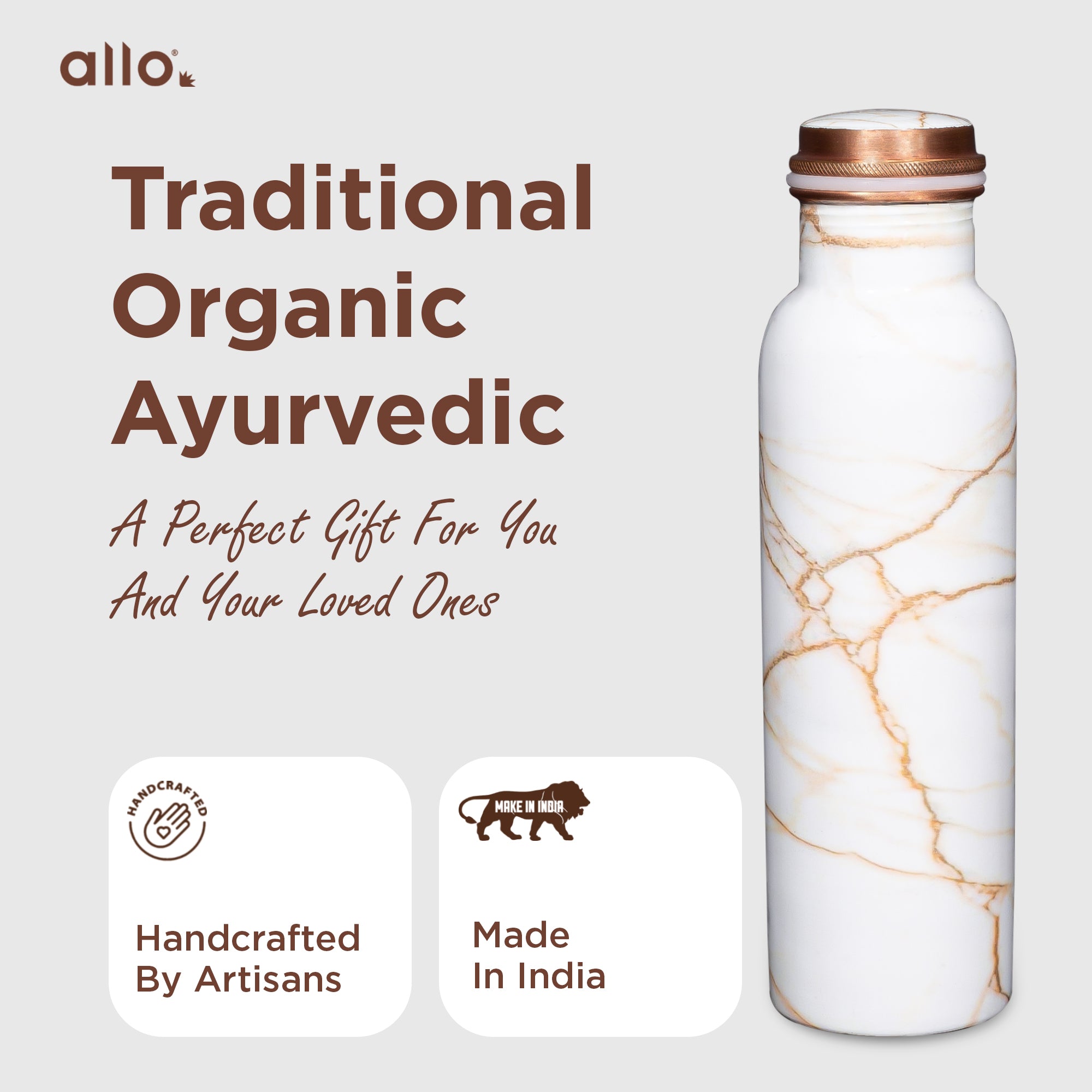 Allo Pure Copper Water Bottle 1 Litre Copper Bottle | Alkaline and Anti Oxidant | 100% Leak Proof, Office, Gym Bottle, Modern Tamba Bottle for Adults, Best Gift for Diwali (White Golden Marble)