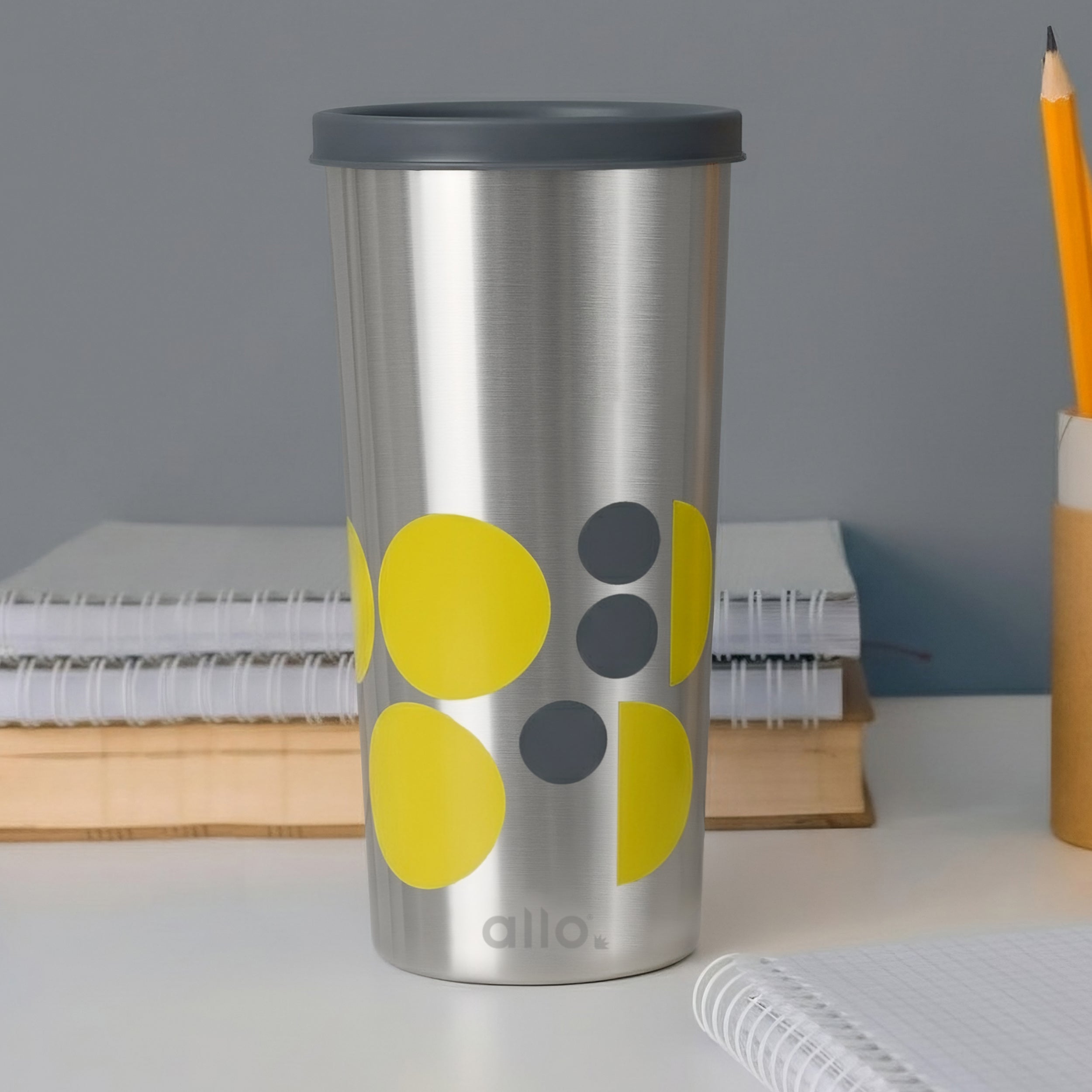 Allo Stainless Steel Tumbler with Lid, Leak Proof Water Tumbler for Home, Office, School, Travel, Kids Rust Proof, Multipurpose Storage Glass for Juice, Tea, Coffee, Milk, GREY (550Ml)