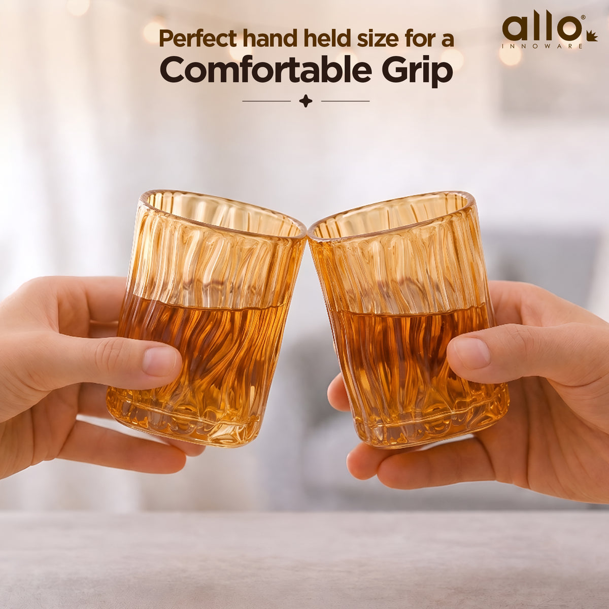 Allo Premium Glass Set Of 6, 200 ml, Latest Design Glasses For Water, Juice, Whisky, Cold Drink | Perfect For Home, Restaurants & Parties, Gift Set Packaging | Golden Wave Glass