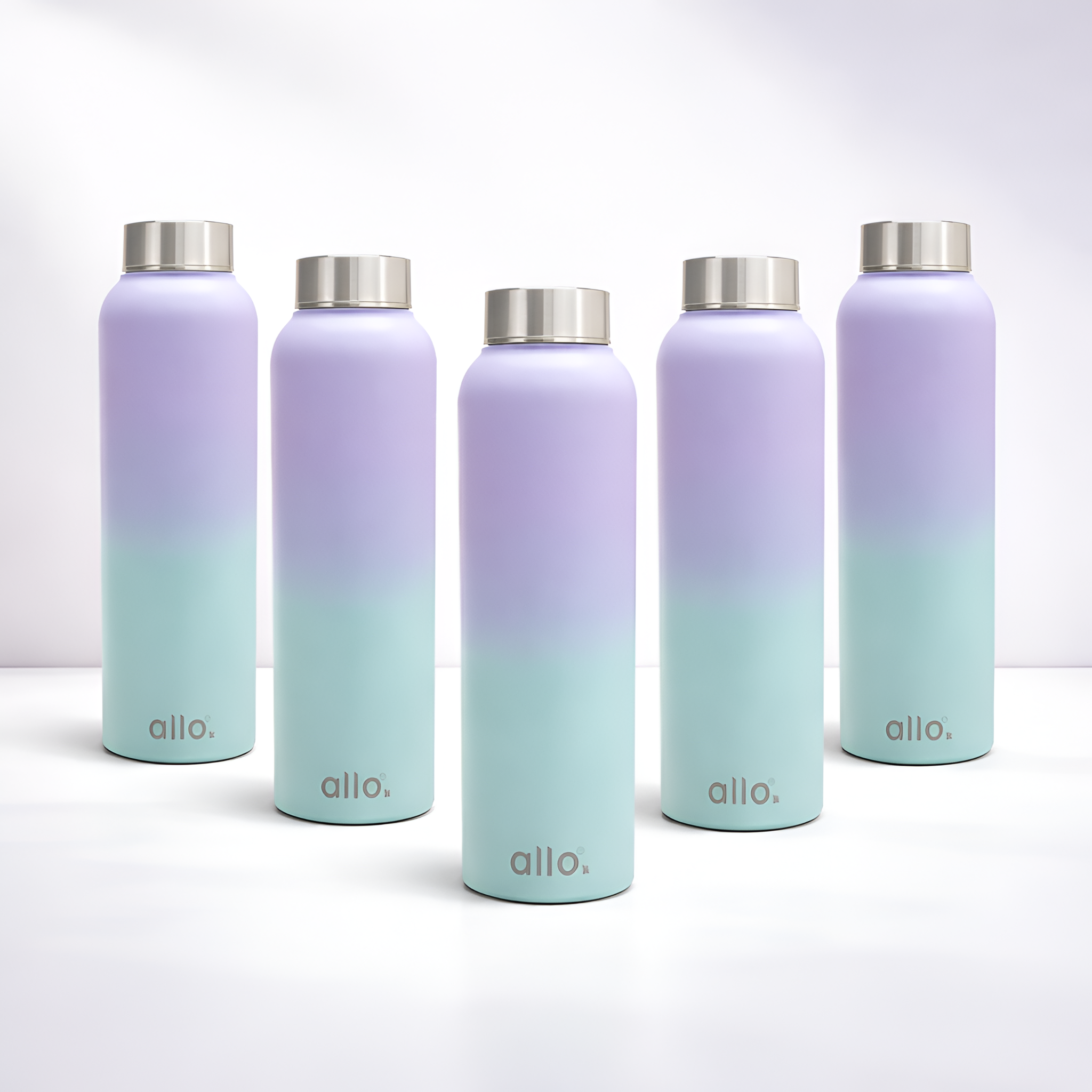 Allo Stainless Steel Water Bottle For Adults, Kids 1 Litre Water Bottles For School,Office,Sports,Gym 1L Water Bottle For Men & Women, Pack Of 5 | Leak Proof, Bpa Free, Lavender & Baby Blue Steel Cap