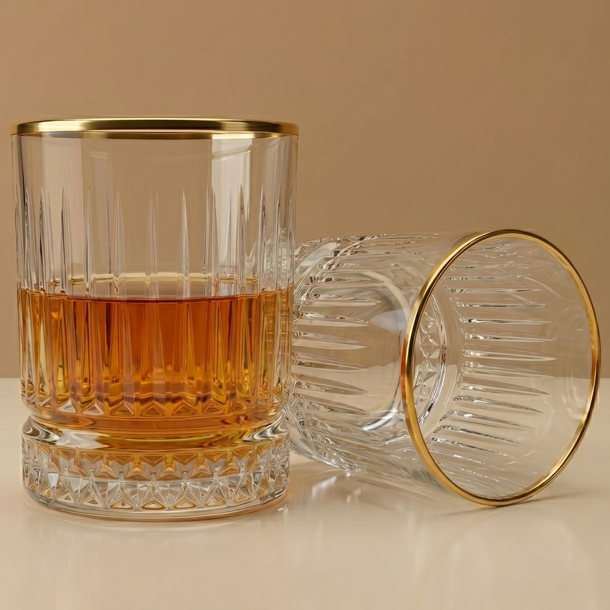 Allo Glass Set Of 6 Premium Whisky Glasses, 350 ml, For Drinking Water, Wine, Cocktail, Mocktail, Martini, Liquor, Alcohol, Scotch, Bourbon | Gift Set Packaging | Transparent | Golden Rim Fluted Glass