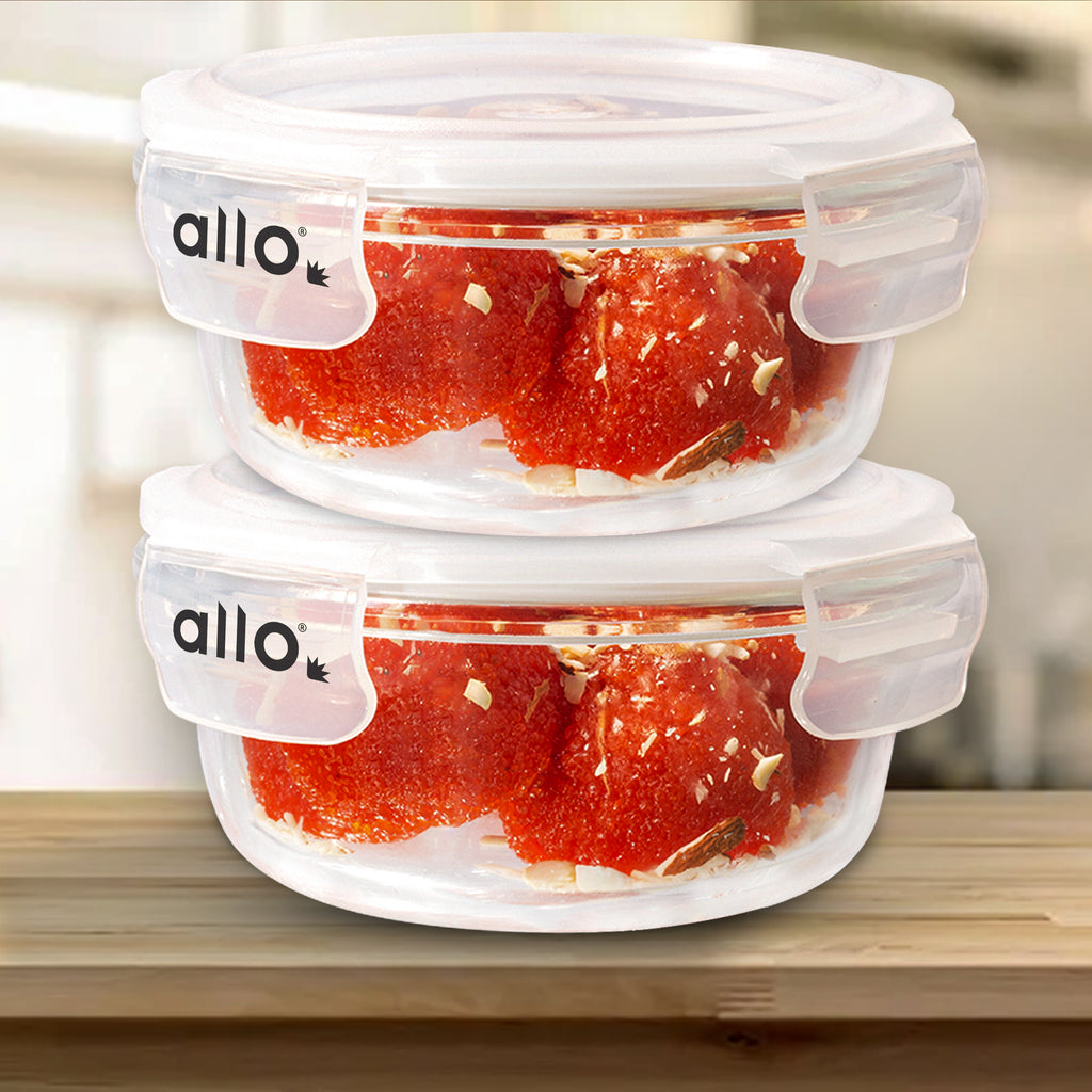 Allo Food Safe Glass Containers with Lids, 450°C Oven Microwave Safe Containers, High Borosilicate Meal Prep Glass Food Storage Containers for Kitchen, 400ml x 2, Round