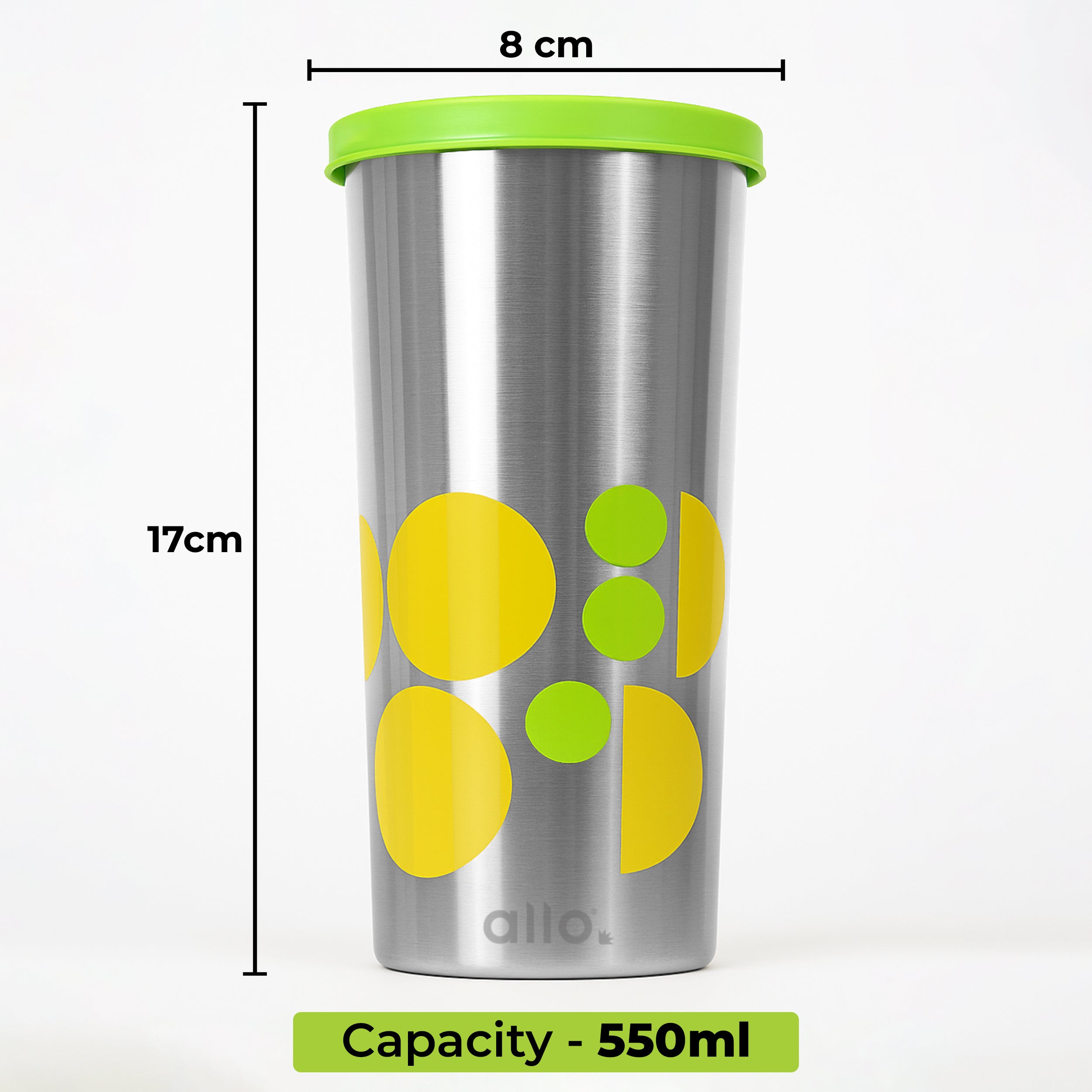 Allo Stainless Steel Tumbler with Lid, Leak Proof Water Tumbler for Home, Office, School, Travel, Kids Rust Proof, Multipurpose Storage Glass for Juice, Tea, Coffee, Milk, GREEN (550Ml)