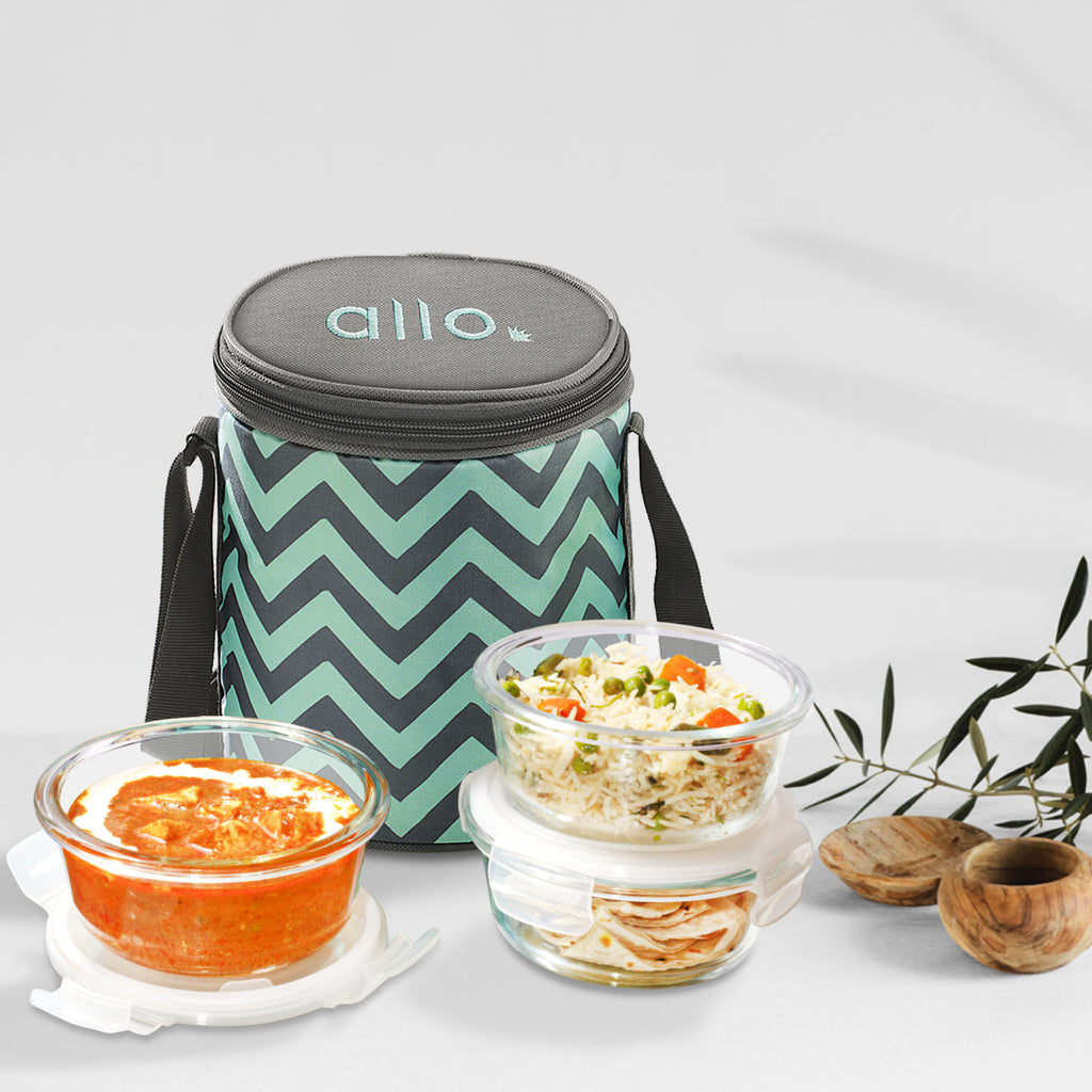 Allo Food Safe Glass Lunch Box, 450°C Microwave Safe Lunch Box, Borosilicate Glass Tiffin for office with Chevron Mint Tiffin Bag, Set of 3, 400ml x 3, Round