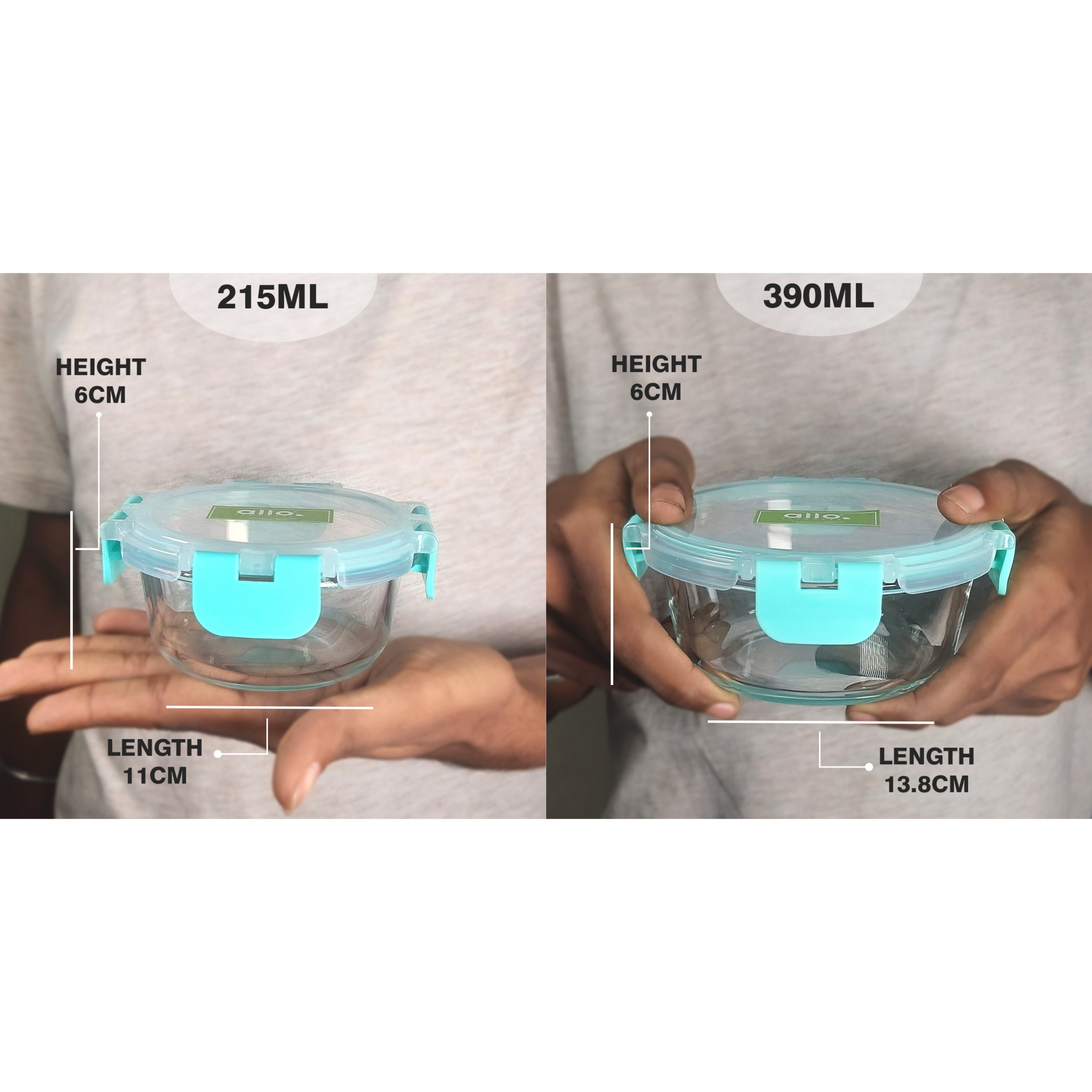 Allo Food Safe Glass Lunch Box with Breakfree Detachable Lock, Microwave Safe Lunch Box Borosilicate Glass Tiffin for Office with Chevron Mint Tiffin Bag, Set of 4, 215ml x 2, 390ml x 2, Transparent