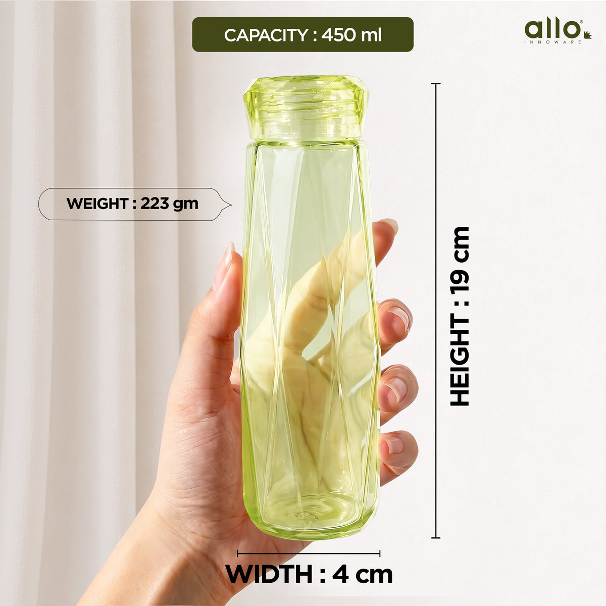 Allo Glass Water Bottle For Women & Men, 450 ml, Aesthetic H2O Bottles For Drinking Detox Water, Juice, Milk, Soda | 0.4 Ltr Bottle For Fridge, Storage, Home | Gift Set Packaging | Geometric Yellow