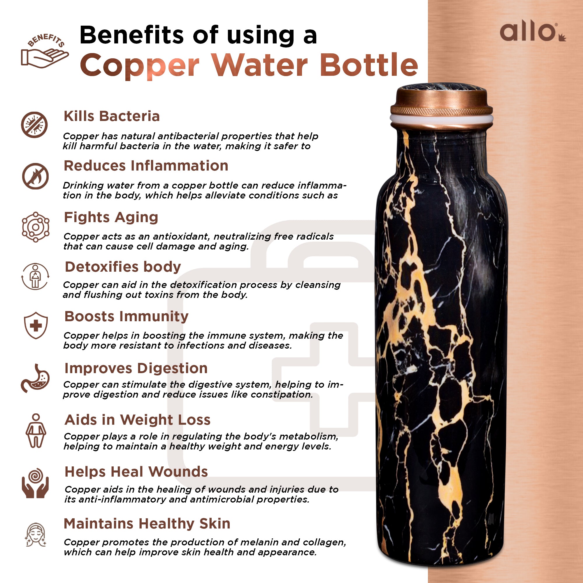 Allo Pure Copper Water Bottle 1 Litre Copper Bottle | Alkaline and Anti Oxidant | 100% Leak Proof, Office, Gym Bottle, Modern Tamba Bottle for Adults, Best Gift for Diwali (Black Natural Marble)