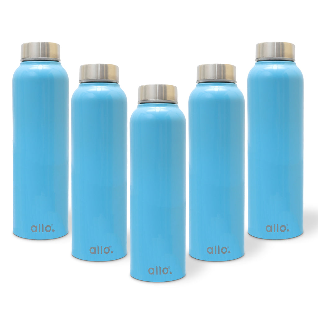 Allo Stainless Steel Water Bottle For Adults, Kids 1 Litre Water Bottles For School, Office, Sports, Gym 1L Water Bottle For Men And Women, Pack Of 5 | Leak Proof & Bpa Free, True Blue Steel Cap