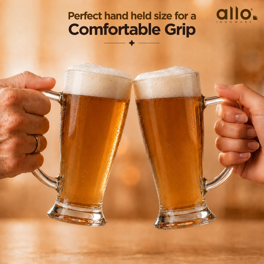 Allo Beer Mug And Drinking Glass Mugs, Set Of 2, 290 ml Each, Serves Beer, Juice, Mocktail, Alcohol, Cocktail, Drinking Glass With Handle | Gift Set Packaging | Transparent Pilsner Glass