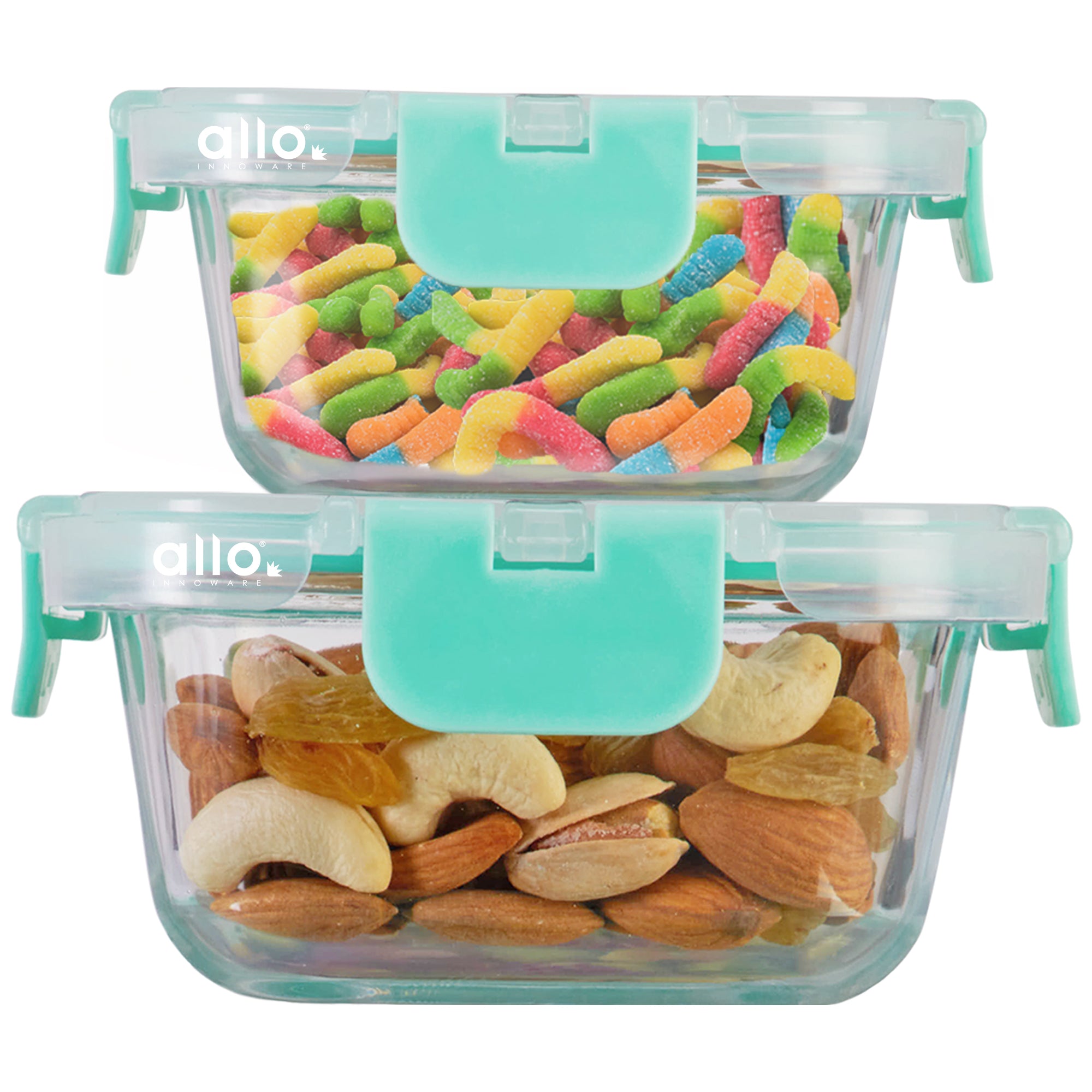Allo Food Safe Glass Containers with Lids with Break Free Lock, Microwave Safe Containers,Borosilicate Meal Prep Glass Food Storage Containers for Kitchen, Set of 2, 215ml, 390ml, Round