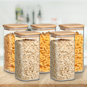 Allo 600ML Kitchen Storage Box Glass Jars With Wooden Lids - Borosilicate Glass Food Storage Containers Airtight Glass Jar For Tea, Coffee, Spice, Pulses, Masala (Square Glass Jar - Set of 5)