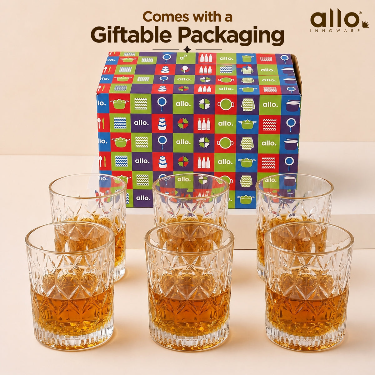Allo Glass Set Of 6 Premium Whisky Glasses, 300 ml, For Drinking Water, Wine, Cocktail, Mocktail, Martini, Liquor, Alcohol, Scotch, Bourbon | Gift Set Packaging | Transparent Crown Cut Whiskey Glass