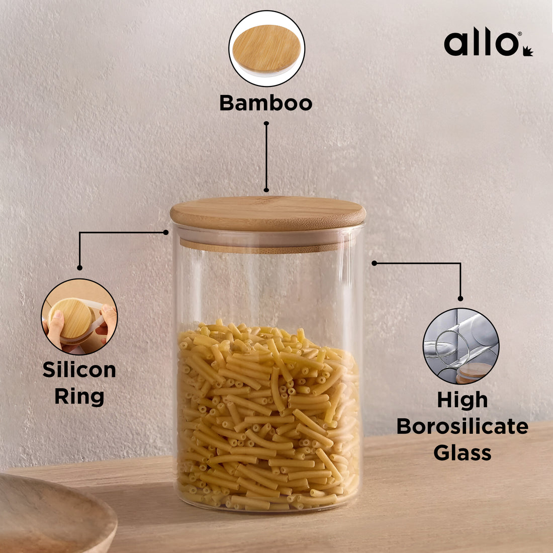Allo 600ML Kitchen Storage Box Glass Jars With Wooden Lids - Borosilicate Glass Food Storage Containers Airtight Glass Jar for Tea, Coffee, Spice, Pulses, Masala (Round Glass Jar - Set of 4)