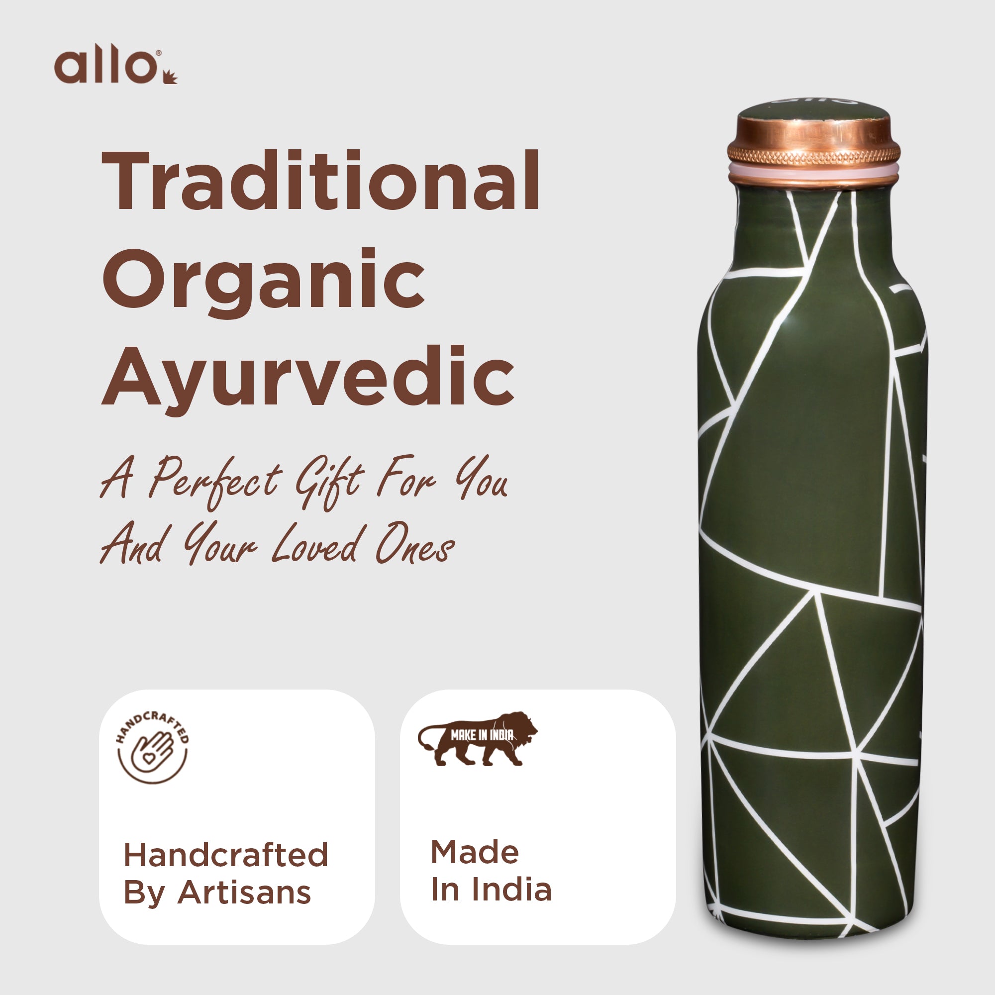 Allo Pure Copper Water Bottle 1 Litre Copper Bottle | Alkaline and Anti Oxidant | 100% Leak Proof, Office, Gym Bottle, Modern Tamba Bottle for Adults, Best Gift for Diwali (Olive Green Abstract Line)