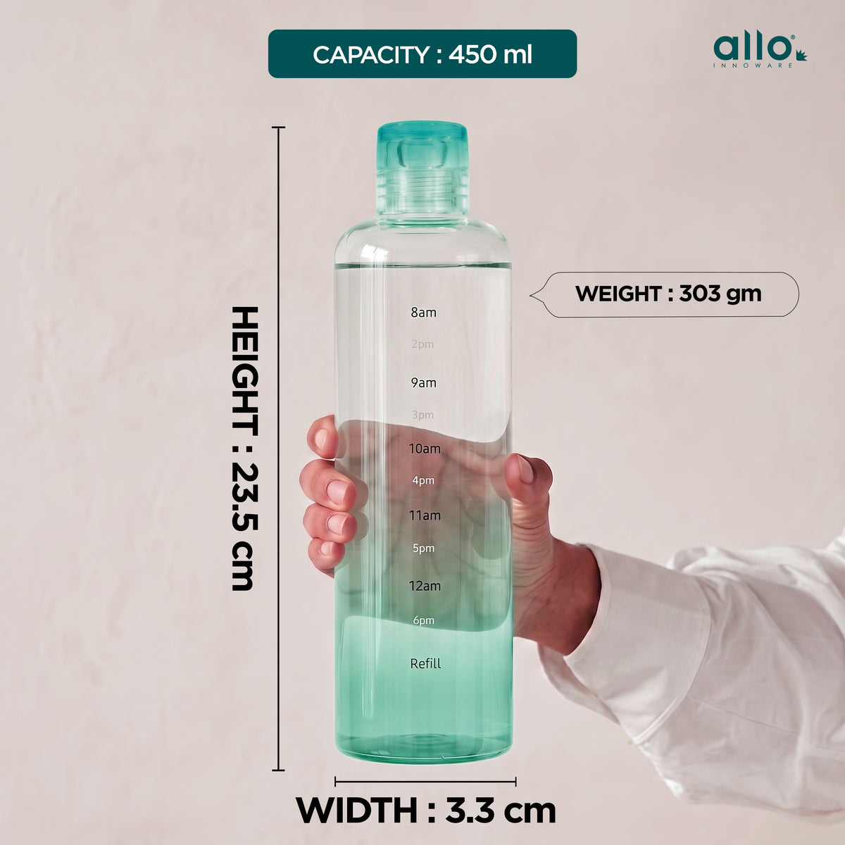 Allo Glass Water Bottle For Women & Men, 600 ml, Aesthetic H2O Bottles For Drinking Detox Water, Juice, Milk, Soda | 0.4 Ltr Bottle For Fridge, Storage, Home | Gift Set Packaging | Time Marked Green