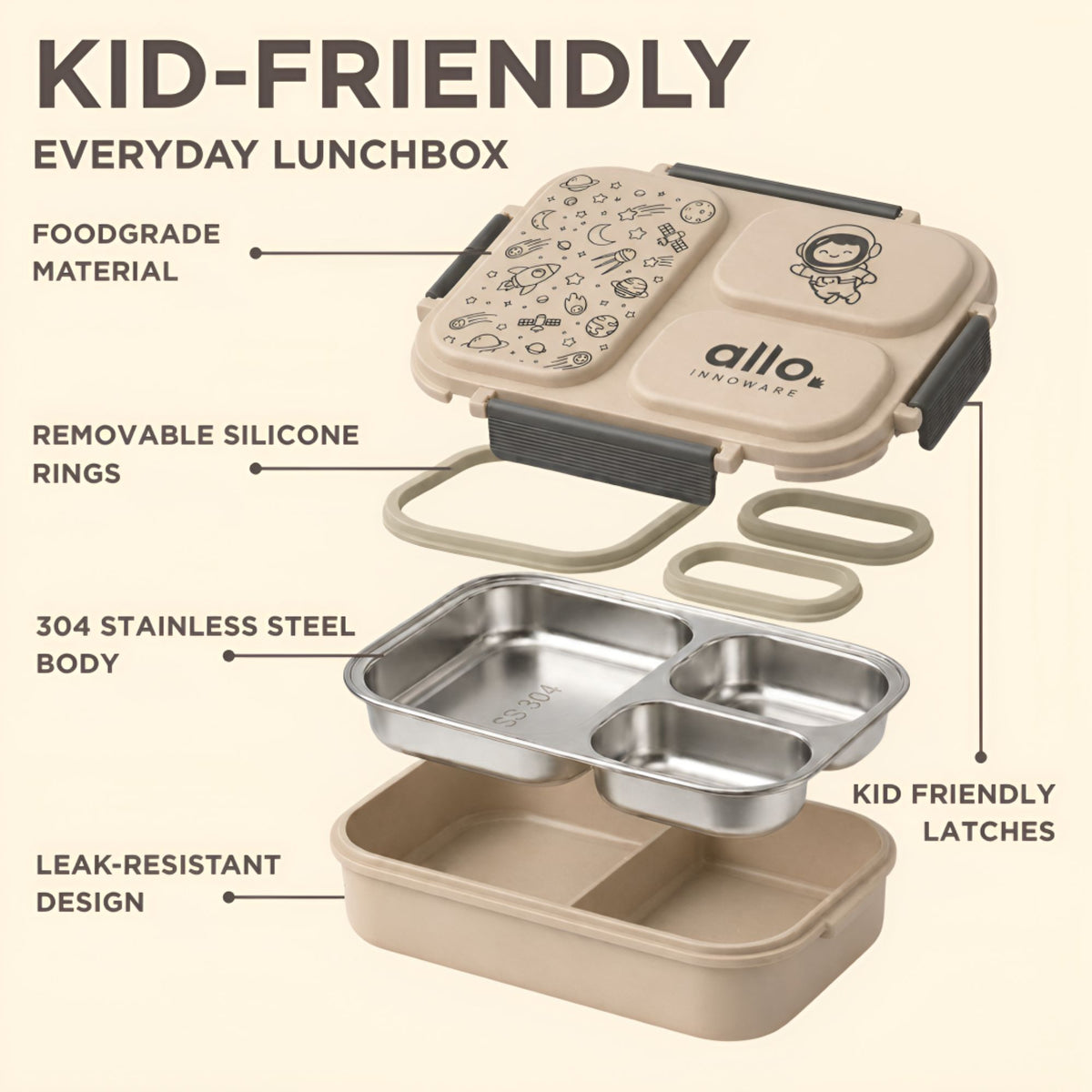 Allo Bento Stainless Steel Lunch Box for Kids- BIS Approved, 304 Stainless Steel 3 Compartment Leakproof Tiffin Box for Boys and Girls for School, Travelling, Baby Snacks, 740ml Beige Space