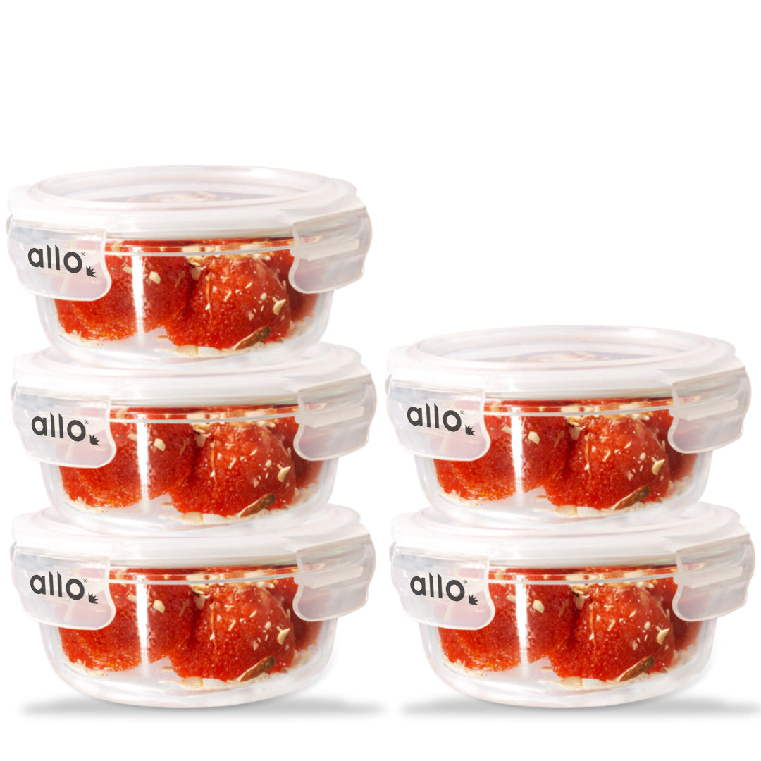Allo Food Safe Glass Containers with Lids, 450°C Oven Microwave Safe Containers, High Borosilicate Meal Prep Glass Food Storage Containers for Kitchen, 400ml x 5, Round