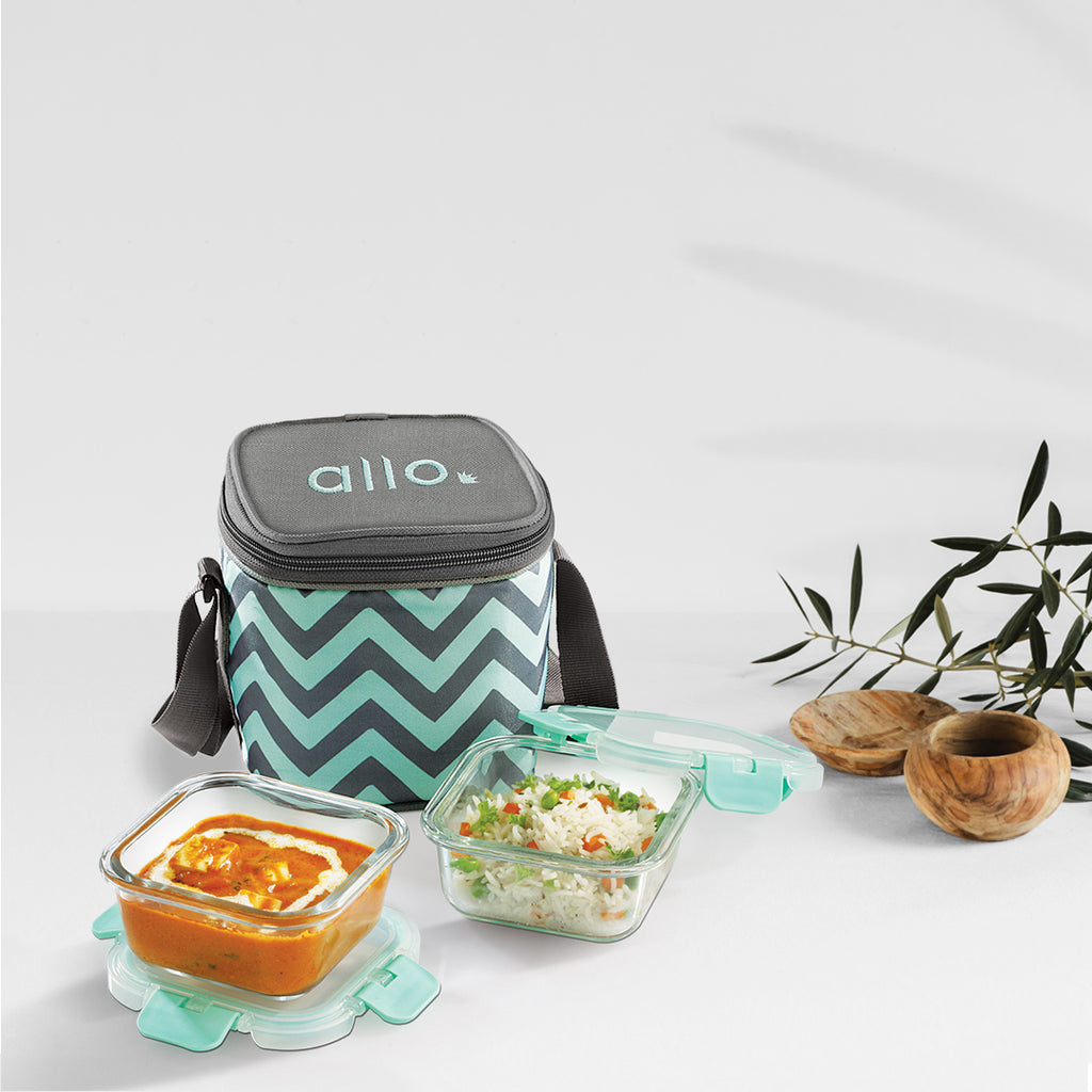 310ml x 2 Allo FoodSafe Microwave Oven Safe Glass Lunch box with Break Free Detachable Lock with Chevron Mint Bag Tiffin