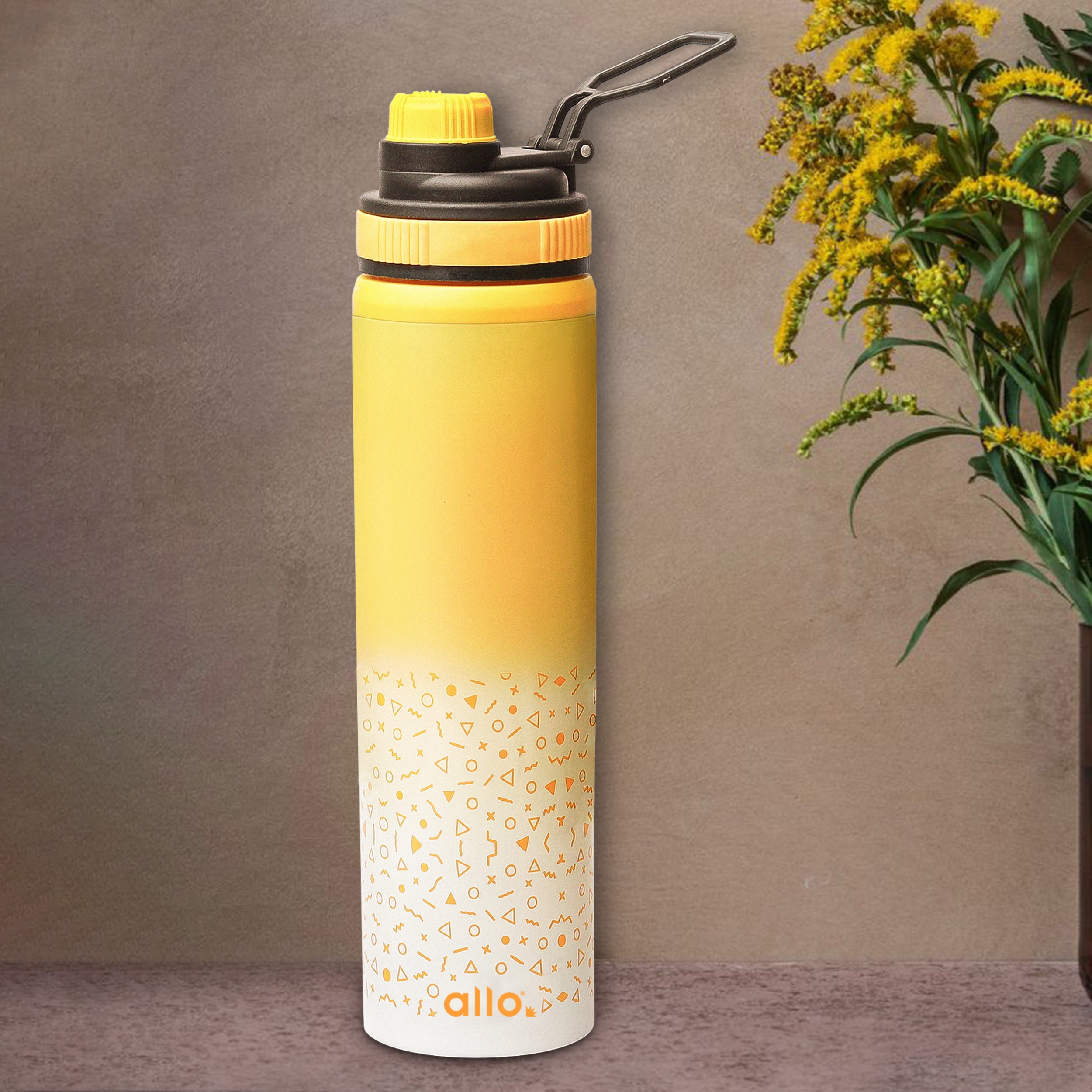 Allo Steel Water Bottles Stainless Steel Sipper Water Bottle for adults, kids 1 Litre Water Bottles for School, Office, Sports, Gym 1L Water Bottle for Men and women, Yellow White 600ml