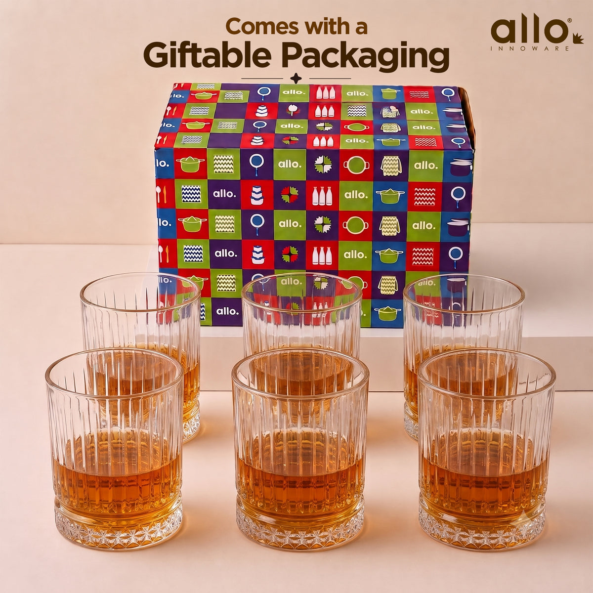 Allo Glass Set Of 6 Premium Whisky Glasses, 335 ml, For Drinking Water, Wine, Cocktail, Mocktail, Martini, Liquor, Alcohol, Scotch, Bourbon | Gift Set Packaging | Transparent Vertical Diamond Glass