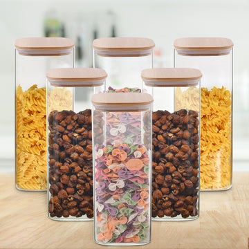 Allo 1000ML Kitchen Storage Box Glass Jars With Wooden Lids - Borosilicate Glass Food Storage Containers Airtight Glass Jar For Tea, Coffee, Spice, Pulses, Masala (Square Glass Jar - Set of 6)