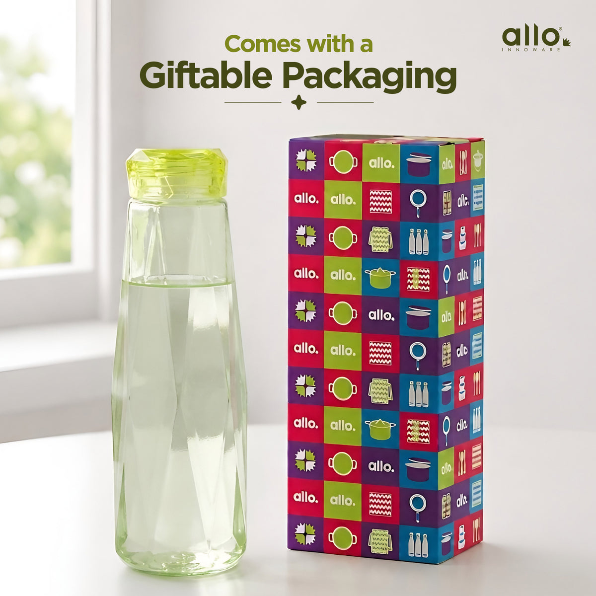 Allo Glass Water Bottle For Women & Men, 450 ml, Aesthetic H2O Bottles For Drinking Detox Water, Juice, Milk, Soda | 0.4 Ltr Bottle For Fridge, Storage, Home | Gift Set Packaging | Geometric Yellow