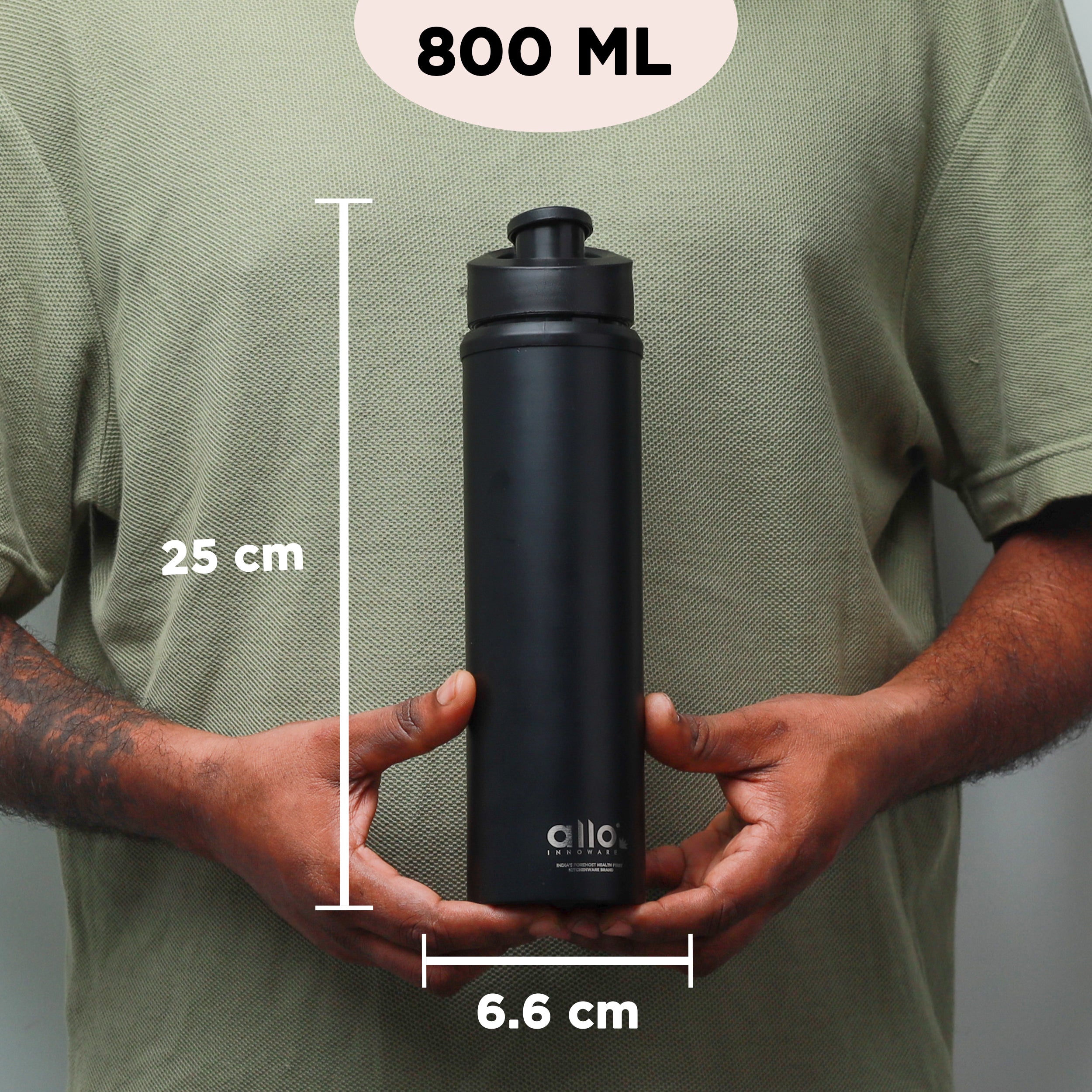 Allo Steel Water Bottles Stainless Steel Sipper Water Bottle for adults, kids 1 Litre Water Bottles for School, Office, Sports, Gym 1L Water Bottle for Men and women, Black 800ml